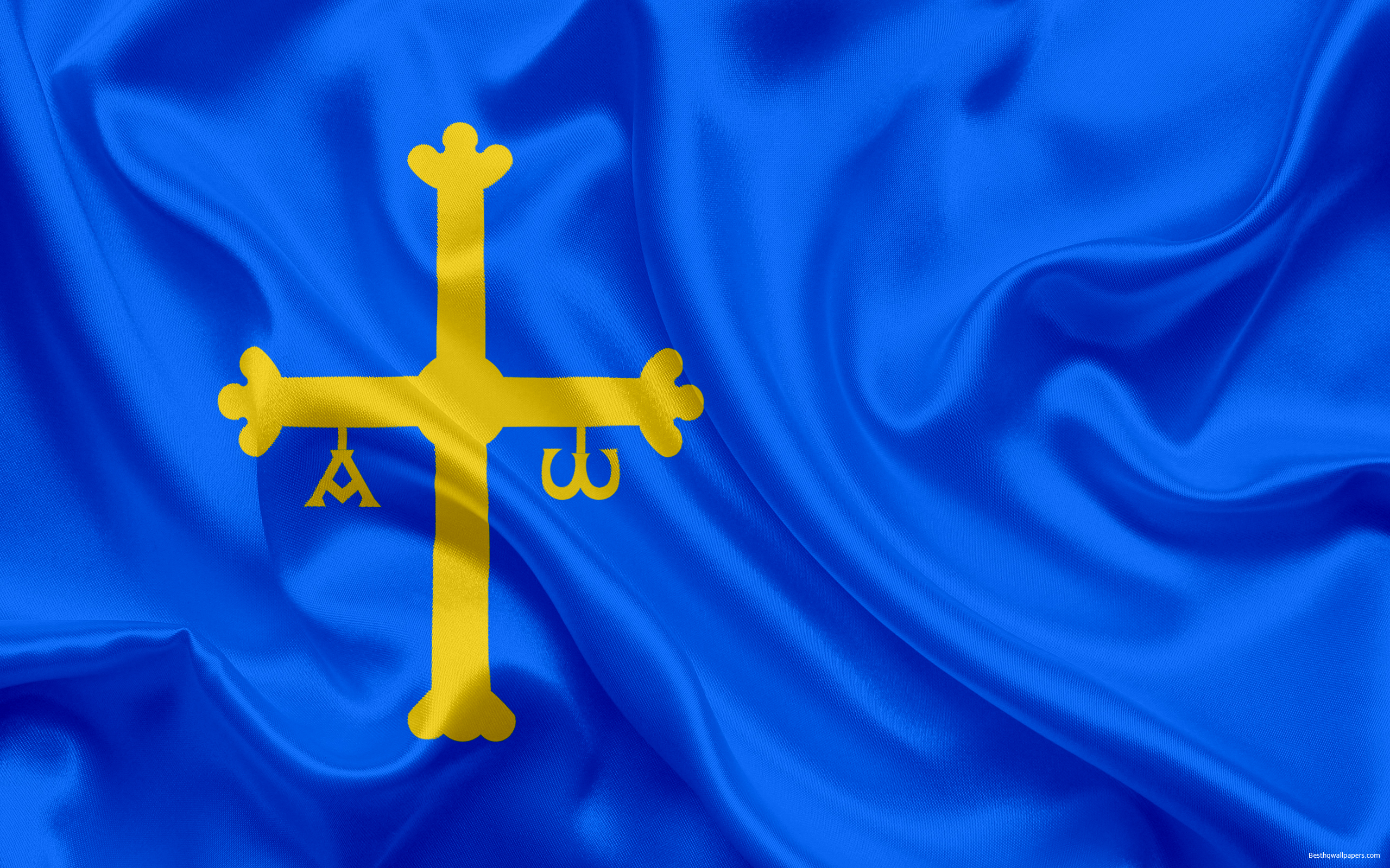 Download wallpaper Flag of Asturias, autonomous community, Spain, Asturian principality, silk flag, coat of arms for desktop with resolution 2560x1600. High Quality HD picture wallpaper