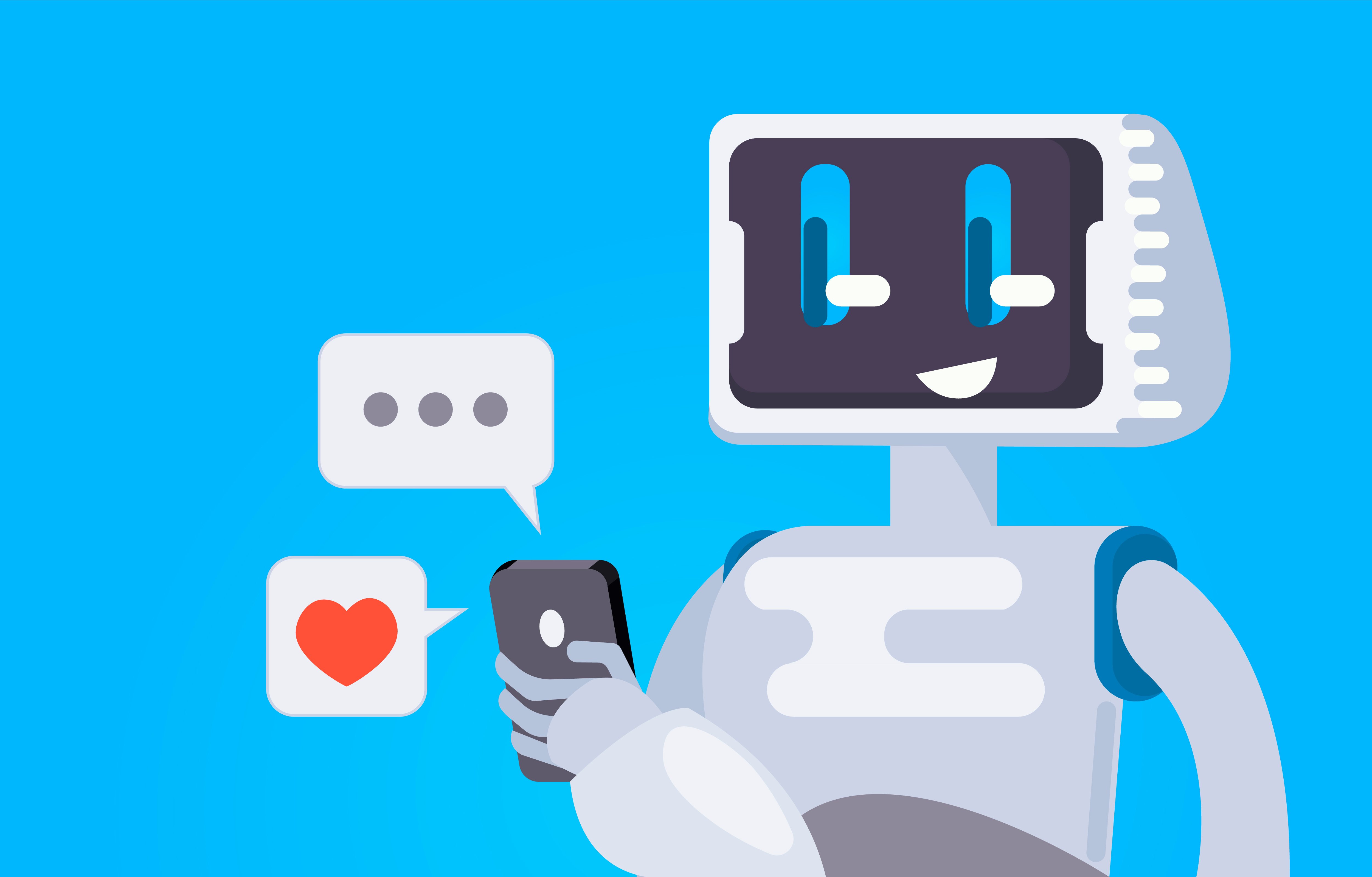 Chat Bot Free Wallpaper. The robot holds the phone, responds to messages. Vector flat illustration