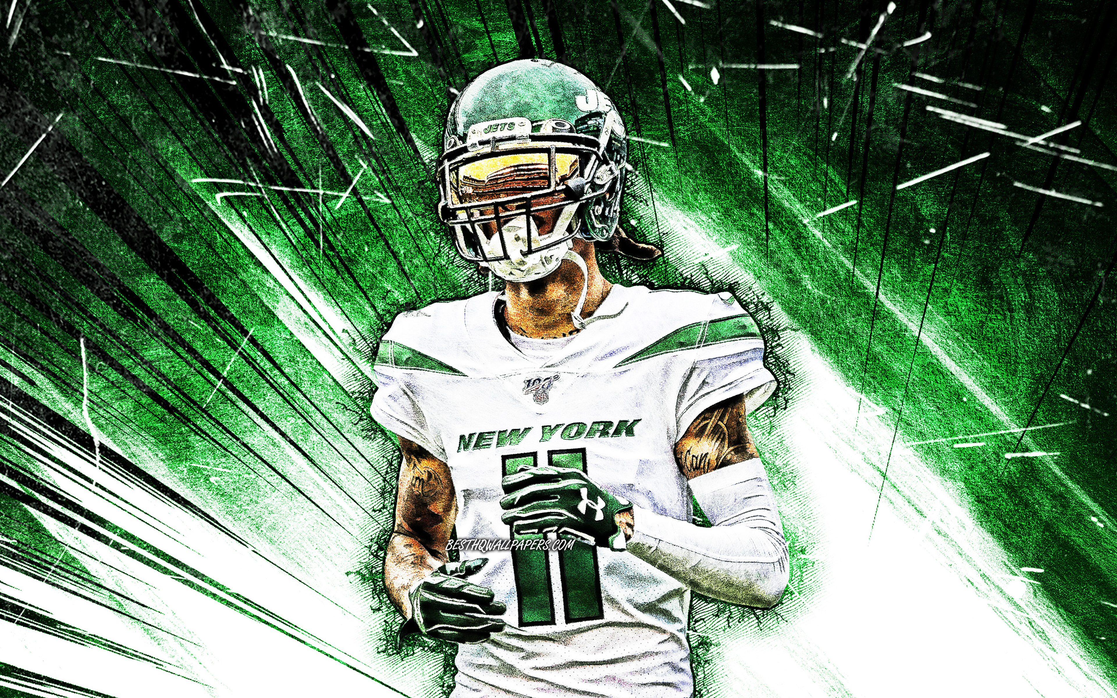 Download wallpaper 4k, Robby Anderson, grunge art, NFL, New York Jets, american football, wide receiver, Robert Steven Anderson, National Football League, NY Jets, Robby Anderson Jets, green abstract rays, Robby Anderson 4K