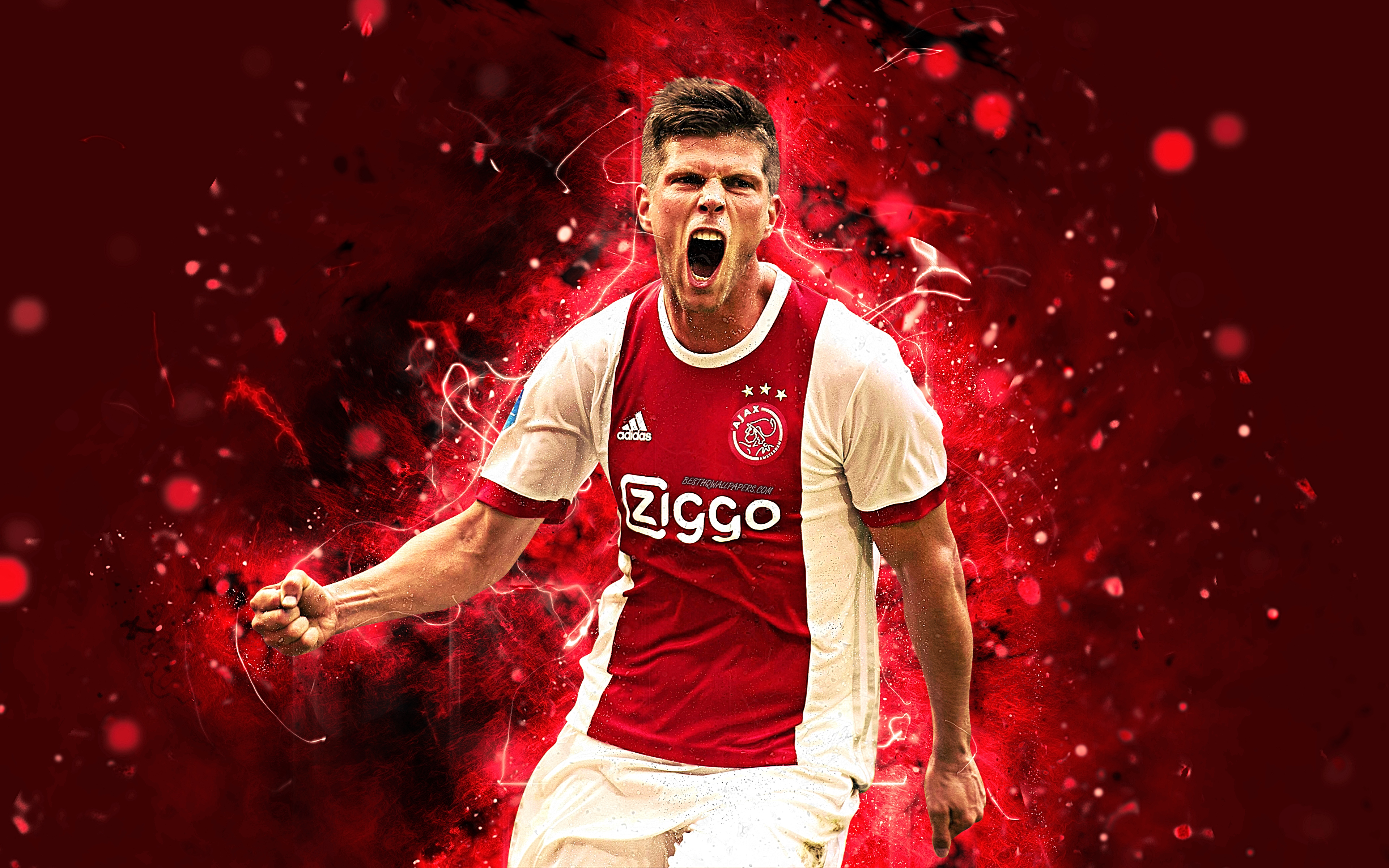 Download wallpaper Klaas Jan Huntelaar, 4k, abstract art, footballers, Ajax, soccer, Huntelaar, Dutch Eredivisie, football, neon lights, Ajax FC for desktop with resolution 3840x2400. High Quality HD picture wallpaper
