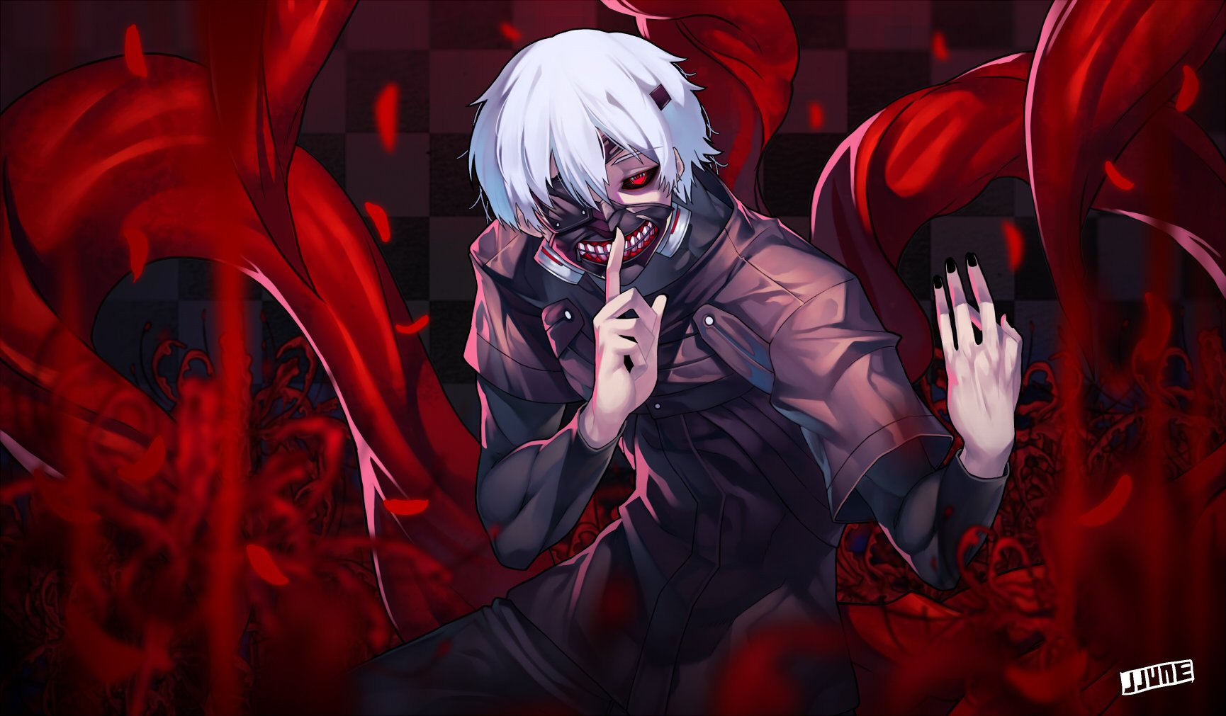 Wallpaper, 1730x1011 px, all, eyepatch, eyes, ghoul, hair, jjune, kaneki, Ken, male, mask, red, short, Tokyo, watermark, white 1730x1011