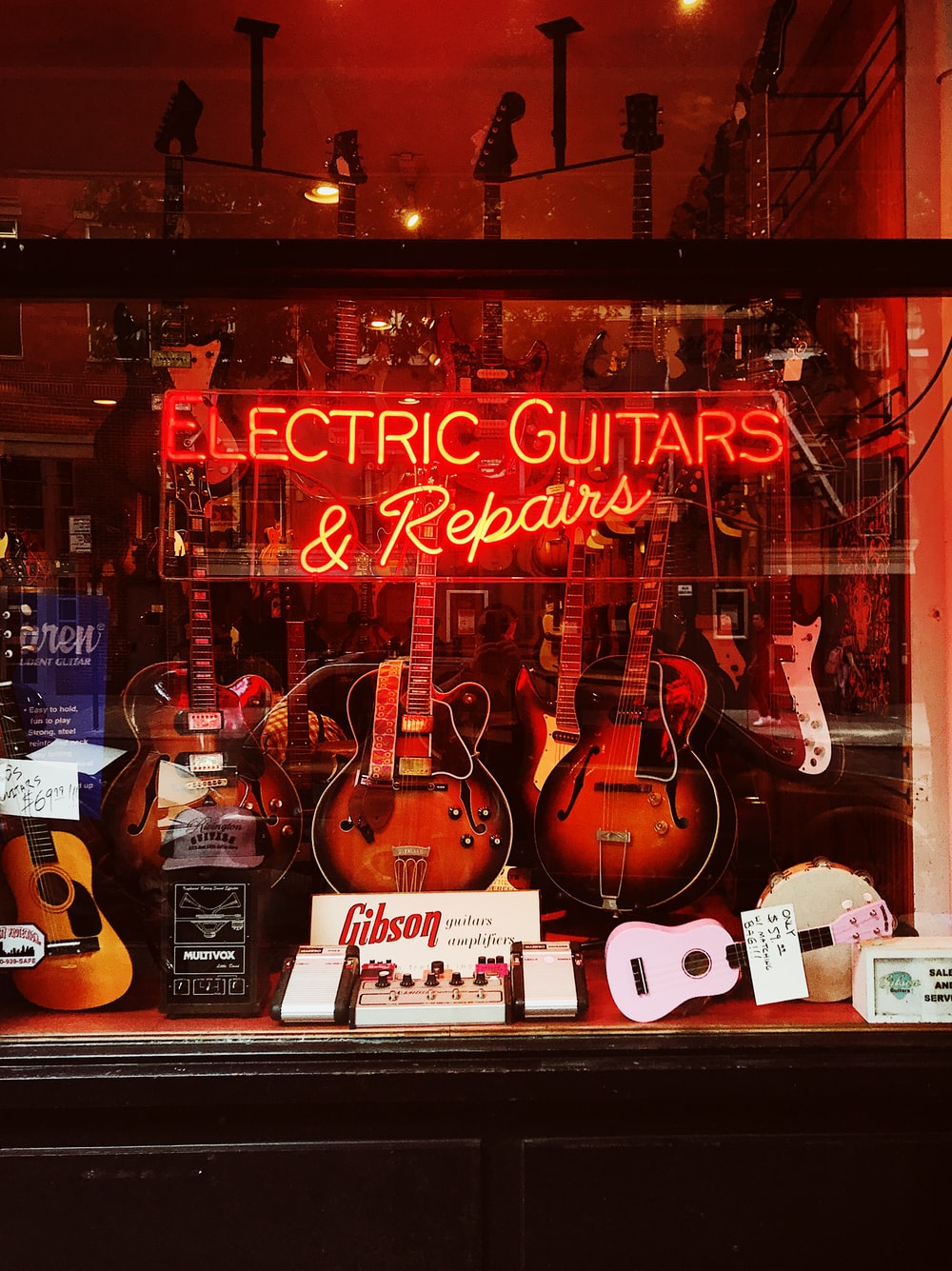 Red Electric Guitars Neon Light Signage Photo