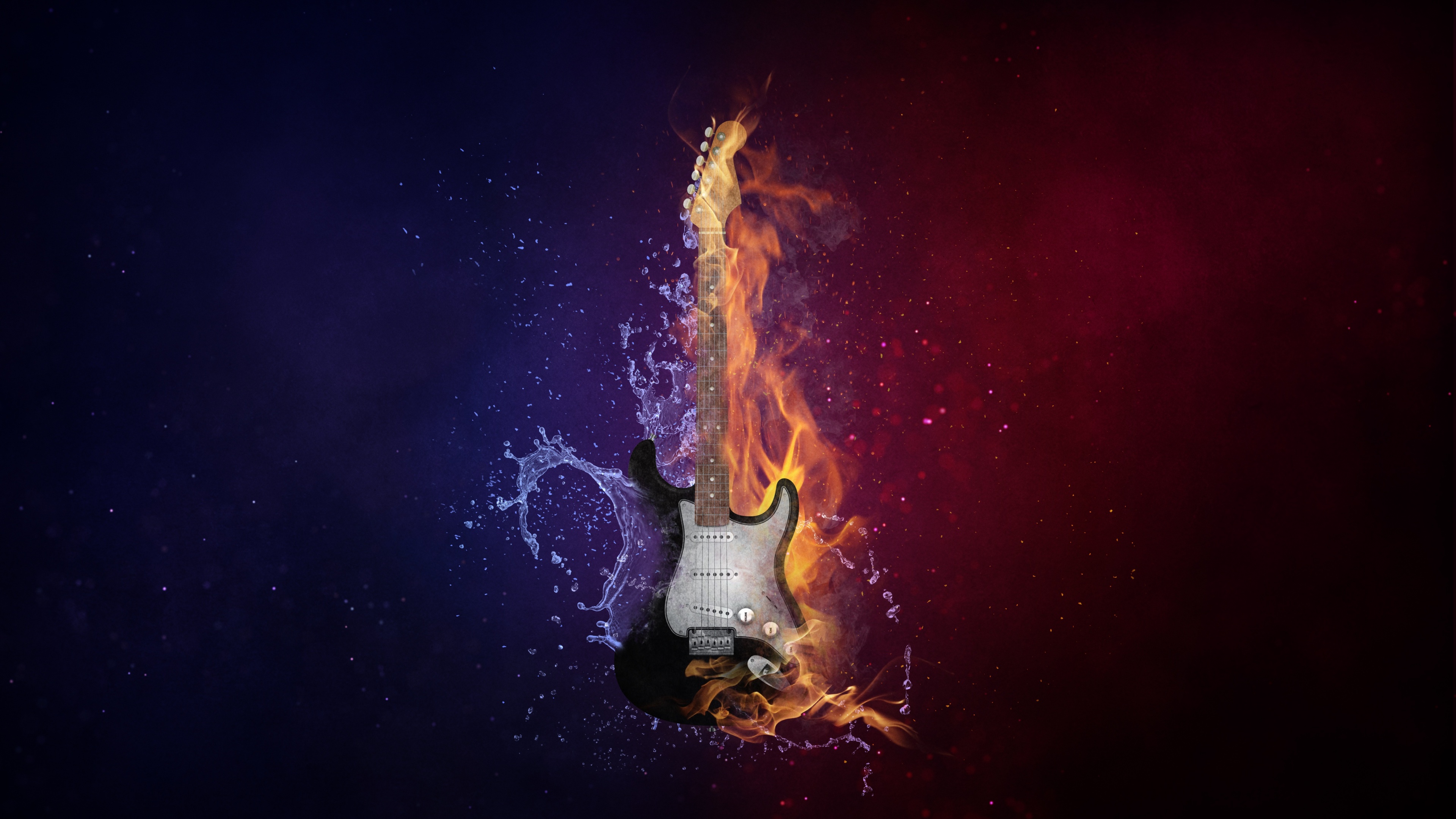 Electric Guitar Wallpaper 4K, Instrument, Dark background, Fire, Water, Purple, Photography