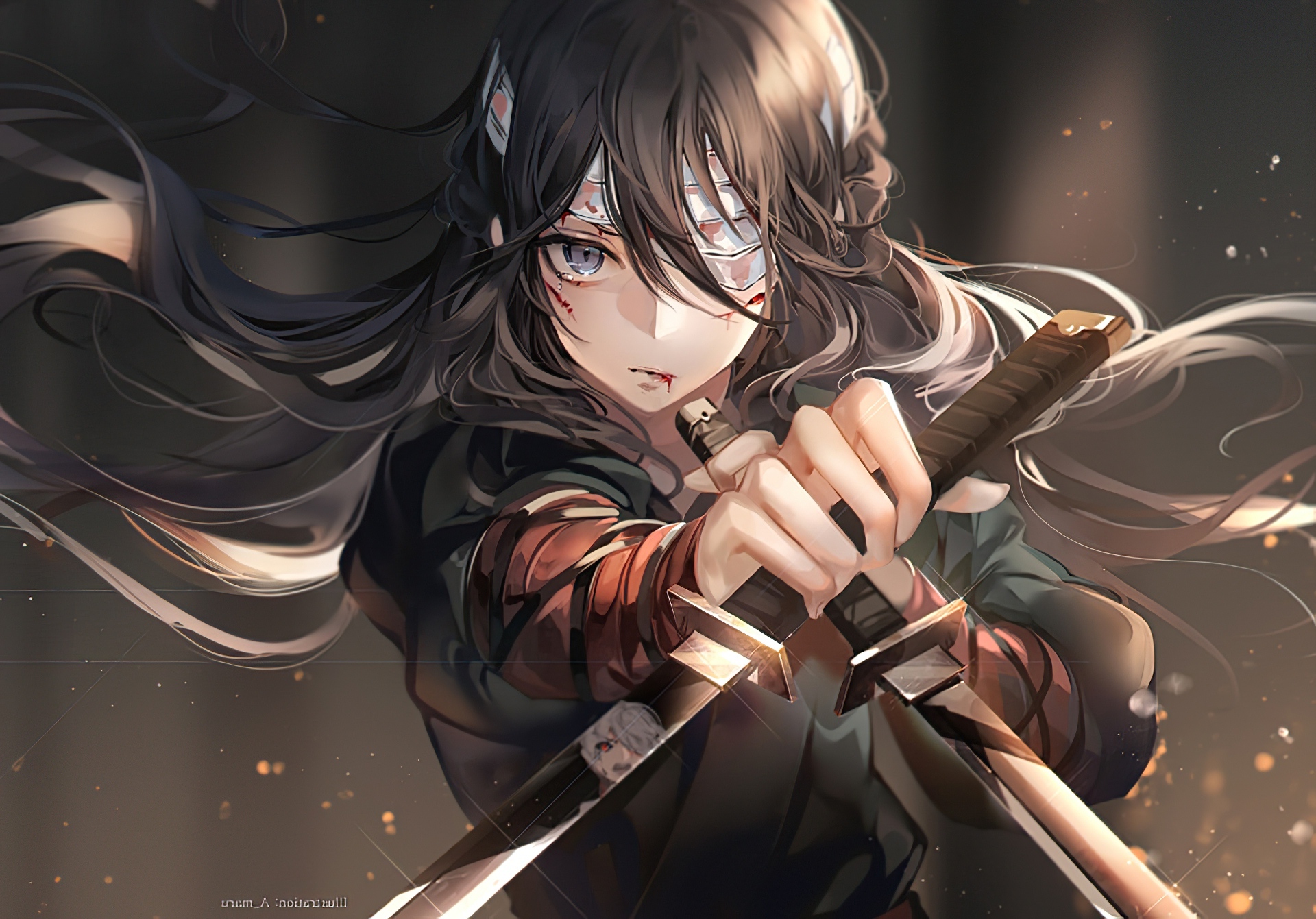 Wallpapers Eyepatch, Dual Wielding, Anime Fighter Girl, Bandages, Tears.