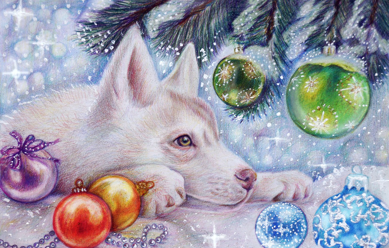 Wallpaper winter, snow, holiday, toys, tree, new year, wolf, art, the cub image for desktop, section праздники