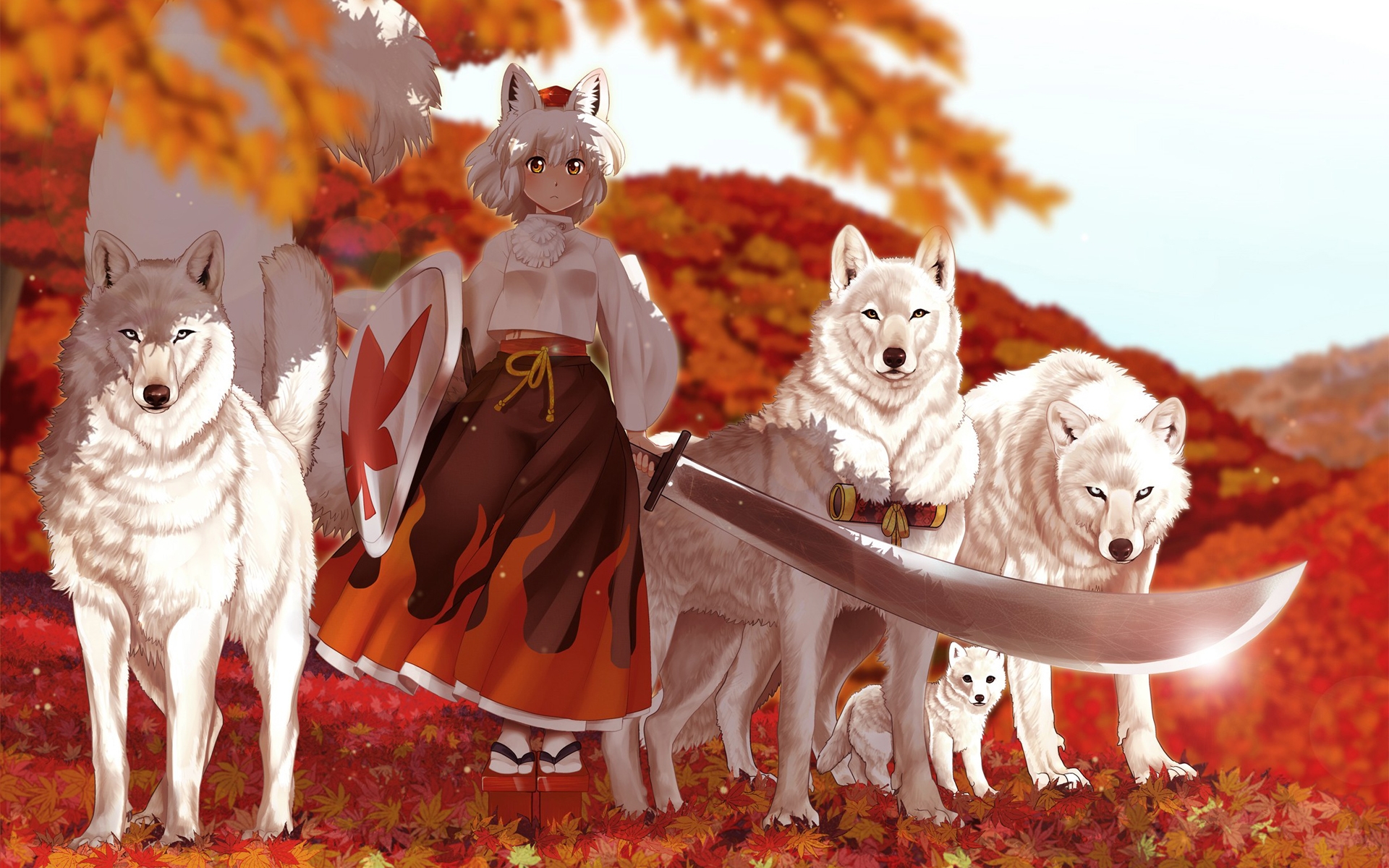 Wallpaper, anime, sword, wolf, Christmas, holiday, kimono, Santa Claus, autumn, girl 1920x1200