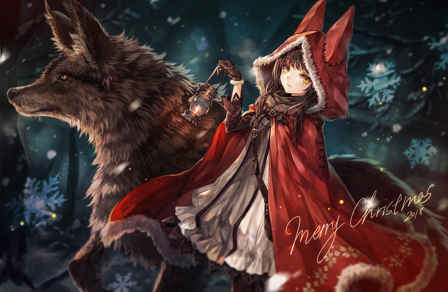 Christmas, pantyhose, wolf, cape, hoods, long hair, gloves, trees, yellow eyes, snow, dress, animal ears, forest, animals, brunette HD Wallpaper