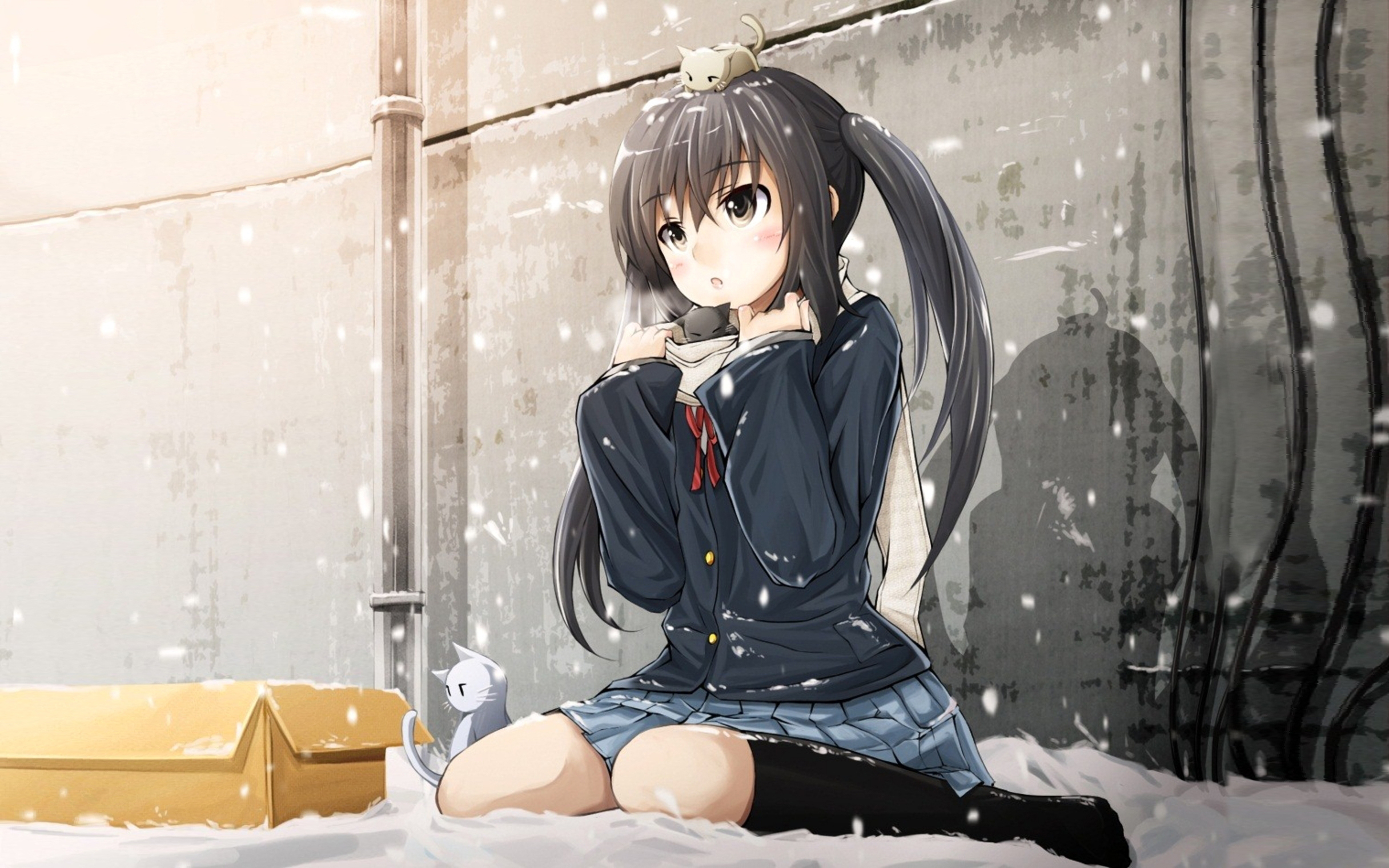 #school uniform, #anime girls, #black hair, #winter, #anime, wallpaper HD Wallpaper
