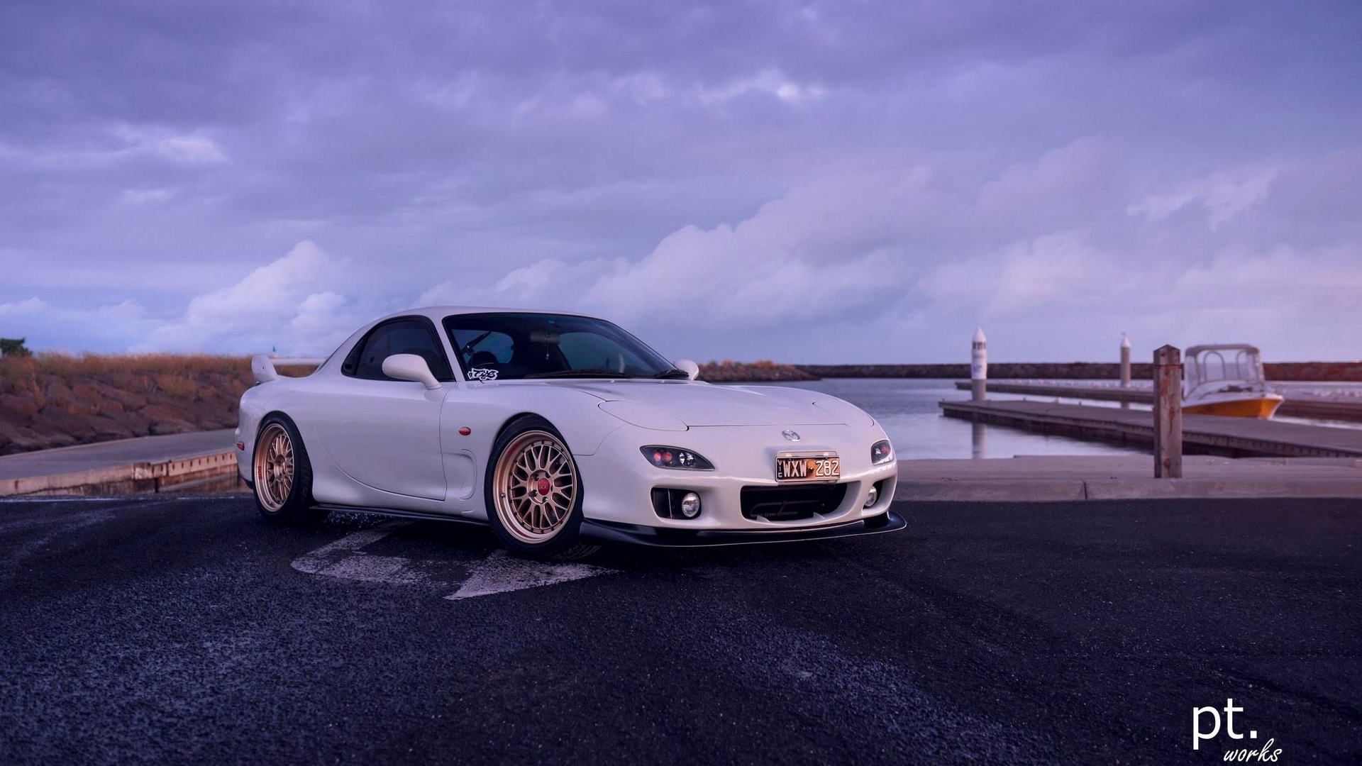 Wallpaper, Mazda RX 7 FD, Mazda RX Japanese cars, JDM, white cars, sky, clouds, water, boat, car, vehicle 1920x1080