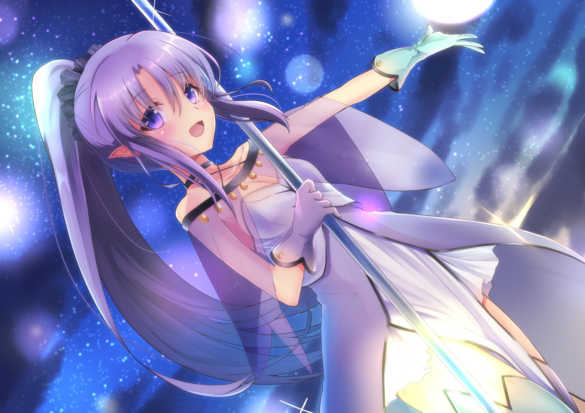 Breasts Cleavage Dress Fate Grand Order Fate (series) Gloves Long Hair Medea (fate) Medea Lily Night Pointed Ears Ponytail Purple Eyes Purple Hair See Through Sky Soundsecho Stars Thighhighs