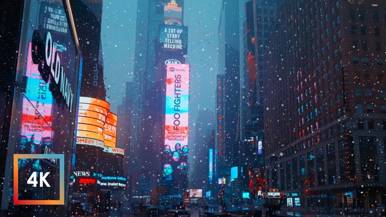 Snowfall in Times Square, NYC. Walking in New York City in the Winter Snow, 4k
