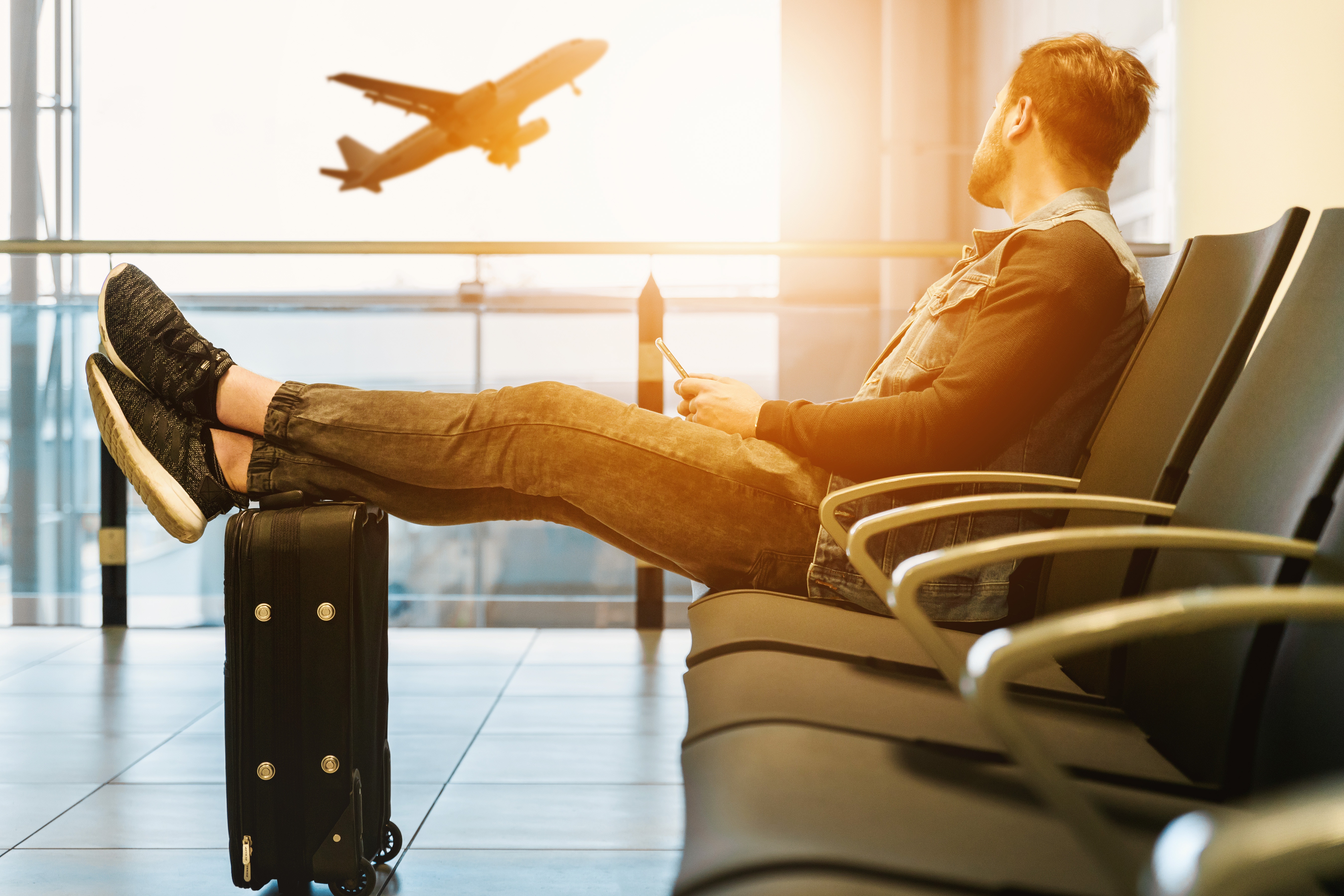 5400x3600 #adventure, #abroad, #phone, #wait, #Public domain image, #wanderlust, #travel, #airport, #connection, #plane, #mobile, #commute, #waiting area, #suitcase, #feet up, #airplane, #travelling, #waiting, #traveller, #looking away, #man