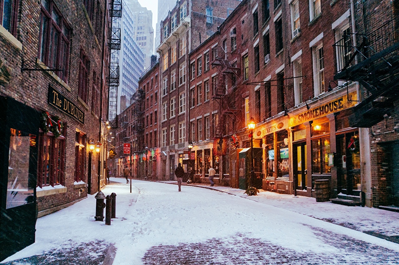 Wallpaper New York City USA Manhatt Winter Snow Street Cities