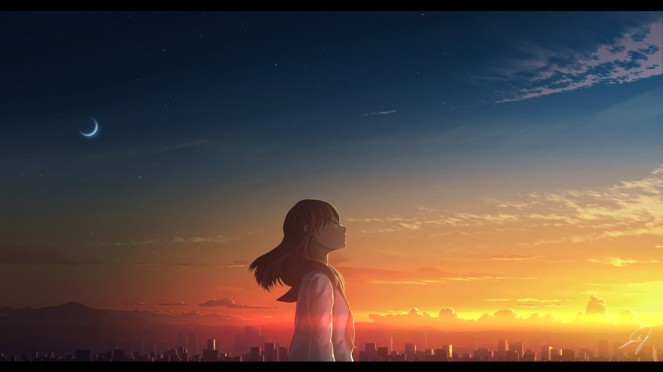 Download Girl, relaxed in sunset, outdoor, anime wallpaper, 1366x Tablet, laptop