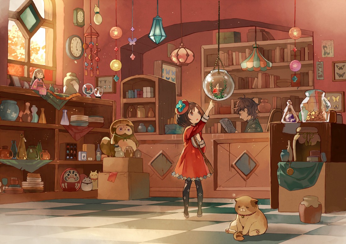 Wallpaper, illustration, anime girls, original characters, stores, peaceful, screenshot 1100x777