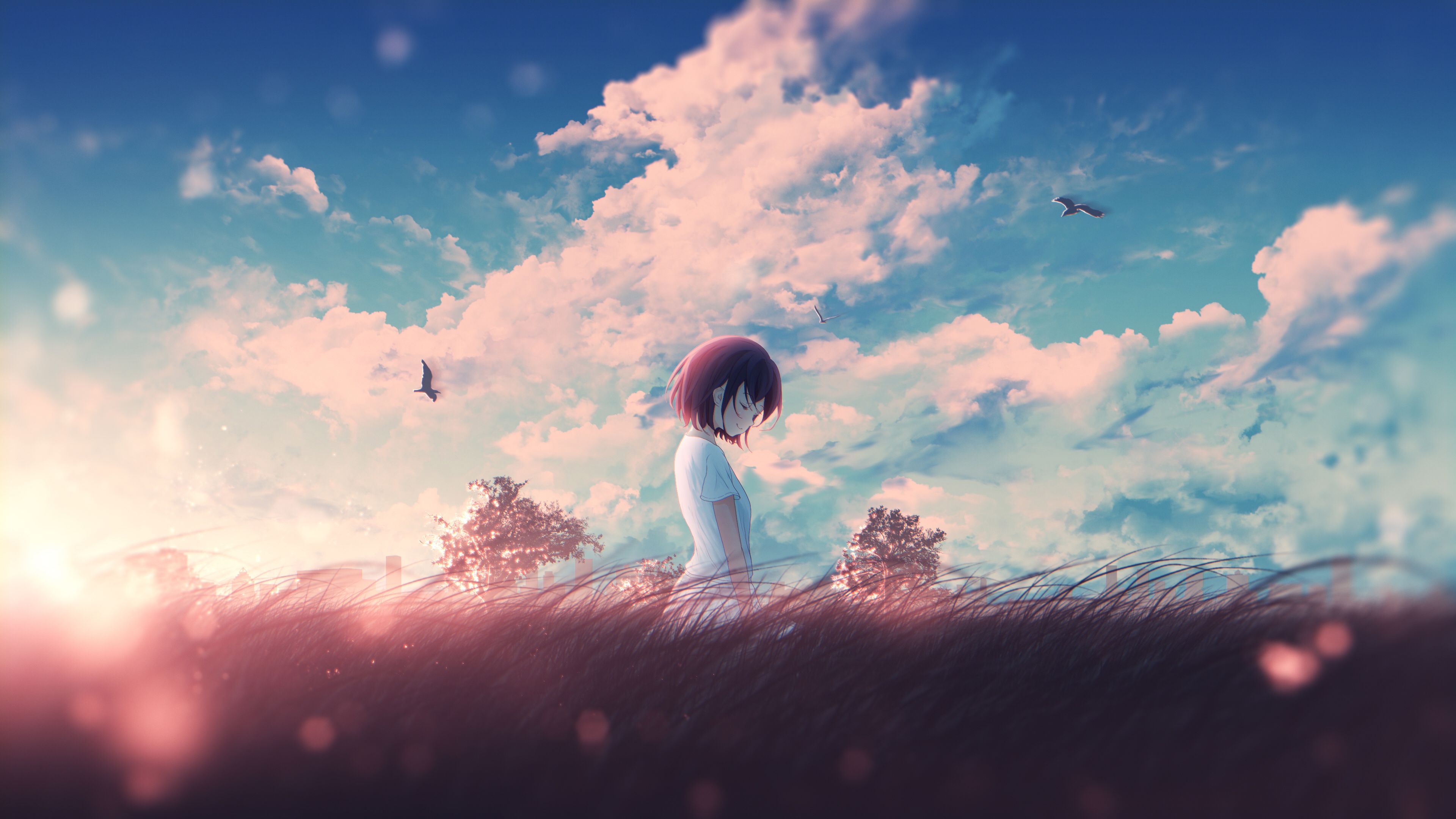 Wallpaper Anime Landscape, Mood, Sunlight, Field, Anime Girl, Relaxing, Clouds, Scenery:3840x2160