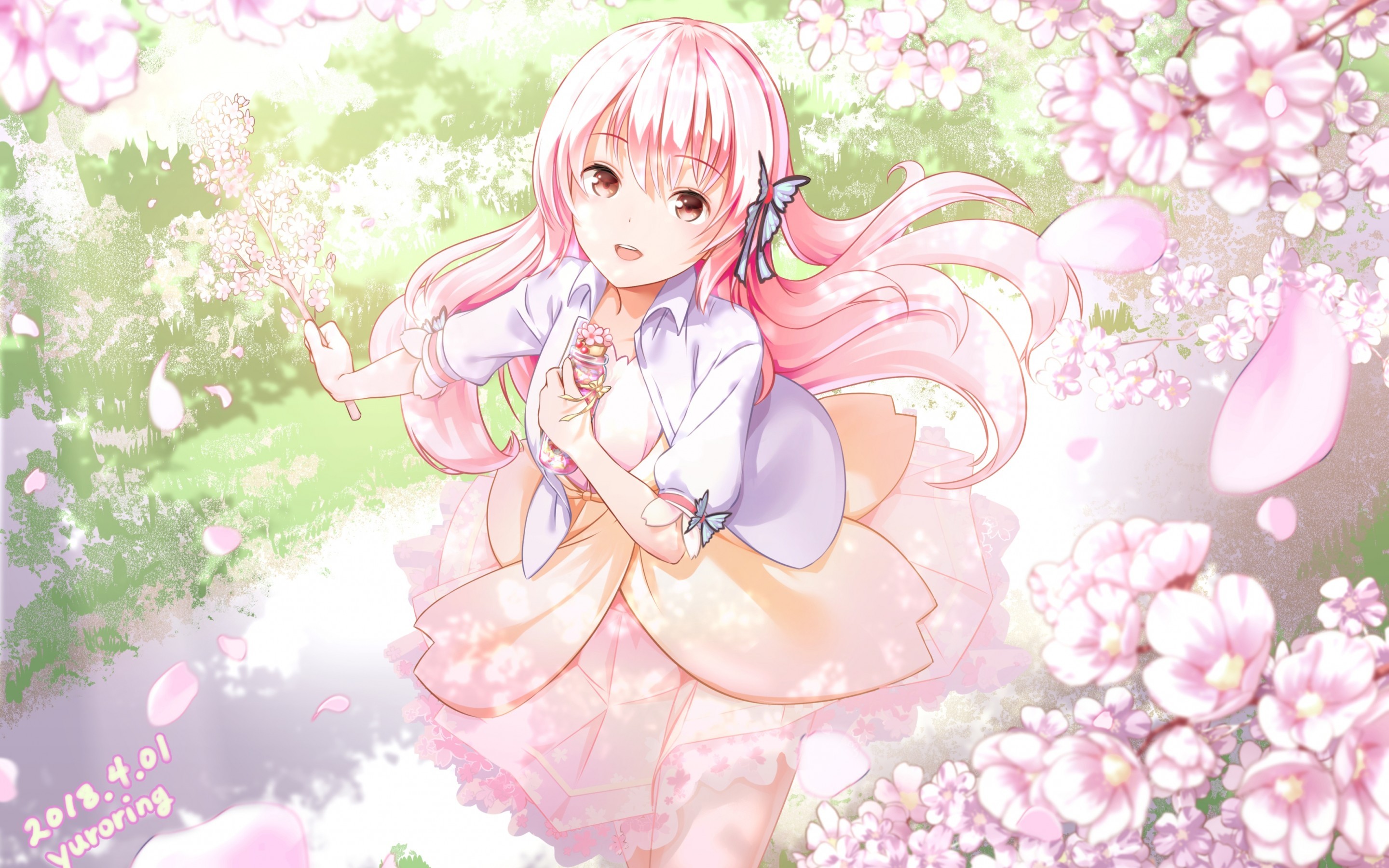 Anime Girl, Sakura Blossom, Pink Hair Girl With Sakura Flower
