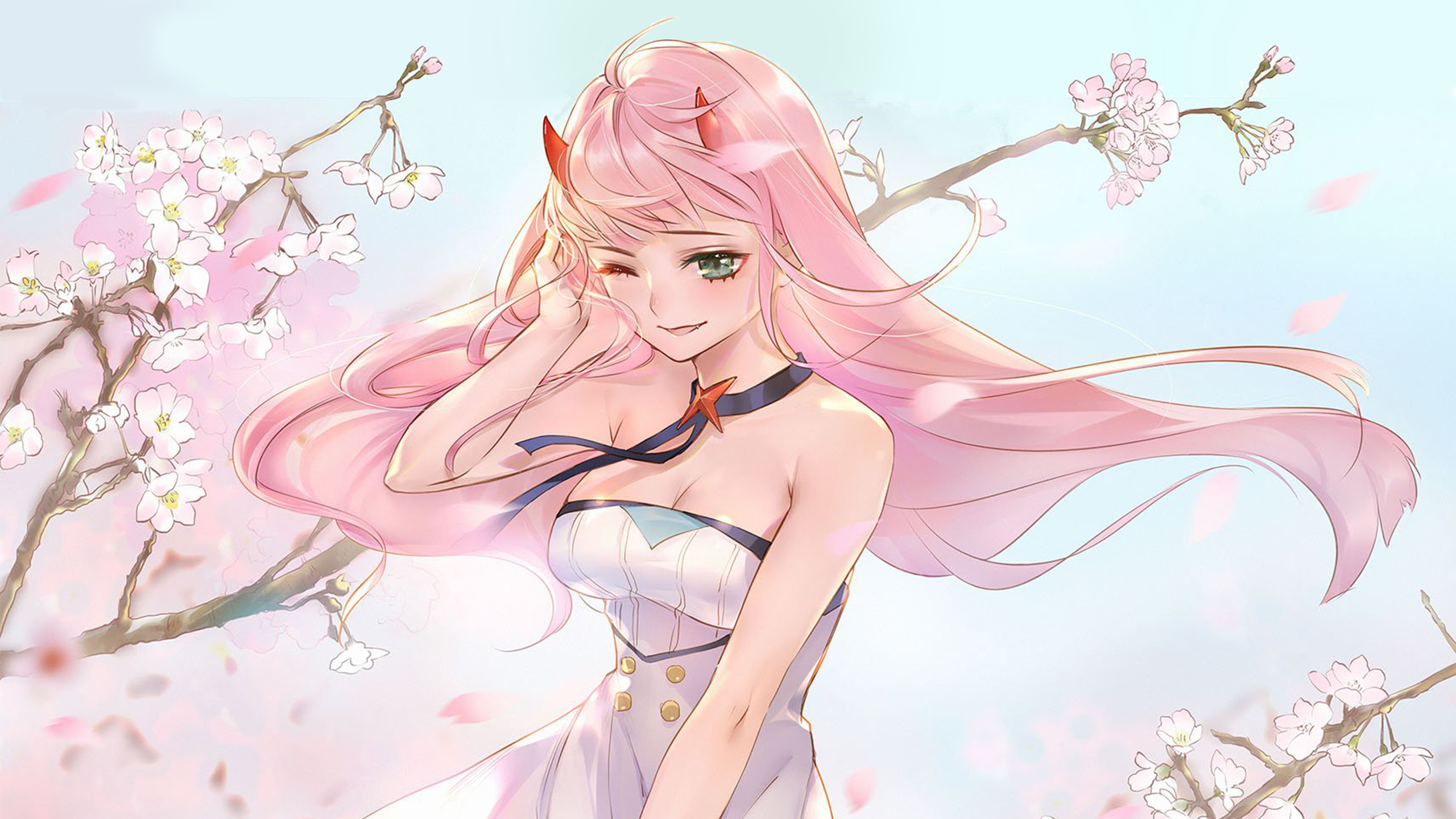 Darling In The FranXX Pink Hair Zero Two With Blur Blue Background And Tree Stem With Pink Flowers HD Anime Wallpaper