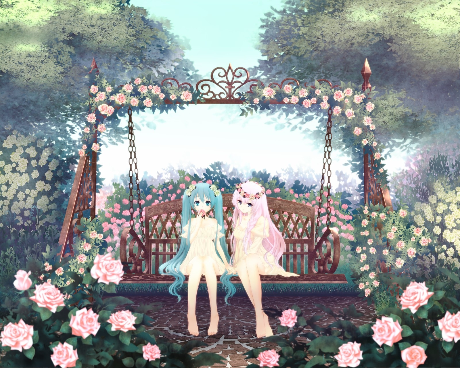 landscapes trees vocaloid flowers hatsune miku blue eyes megurine luka blue hair pink hair anime gir