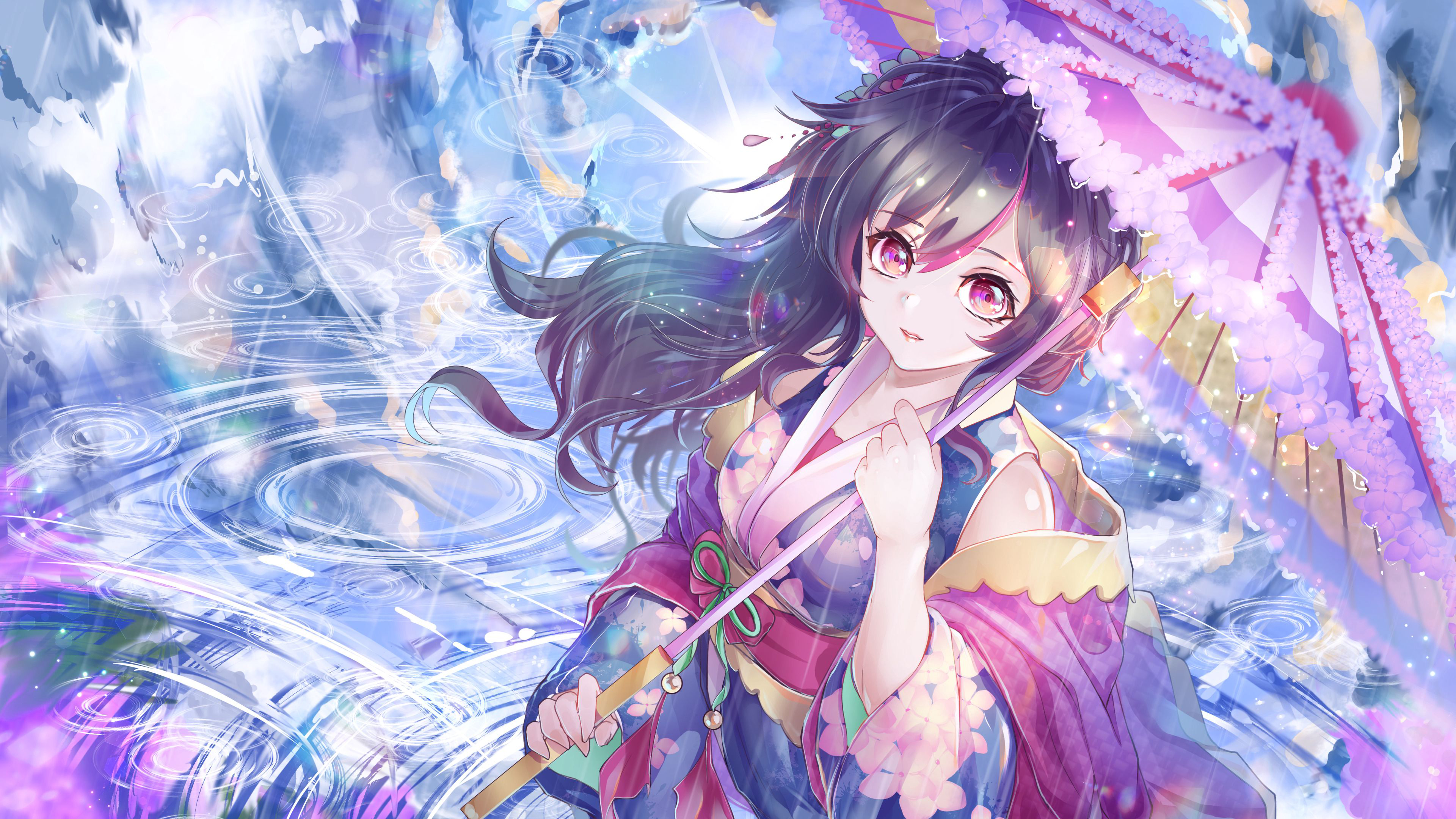 Purple Eyes Anime Girl Kimono Light Purple Umbrella 4K HD Anime Girl Wallpaper