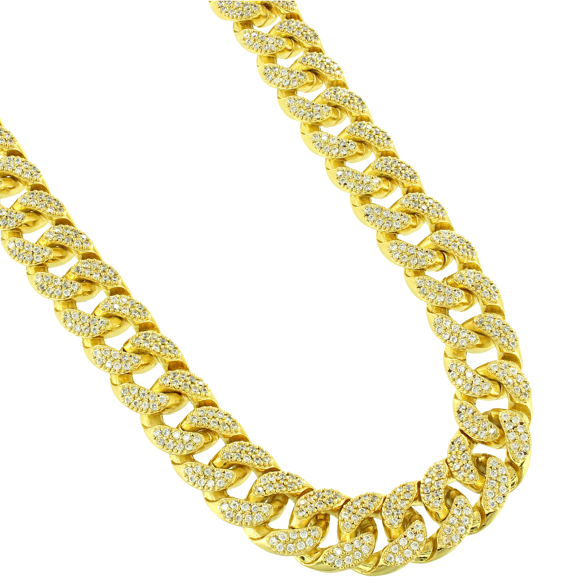 Mens 15MM Icy Miami Cuban Link Chain 14K Yellow Gold Finish Solid Necklace