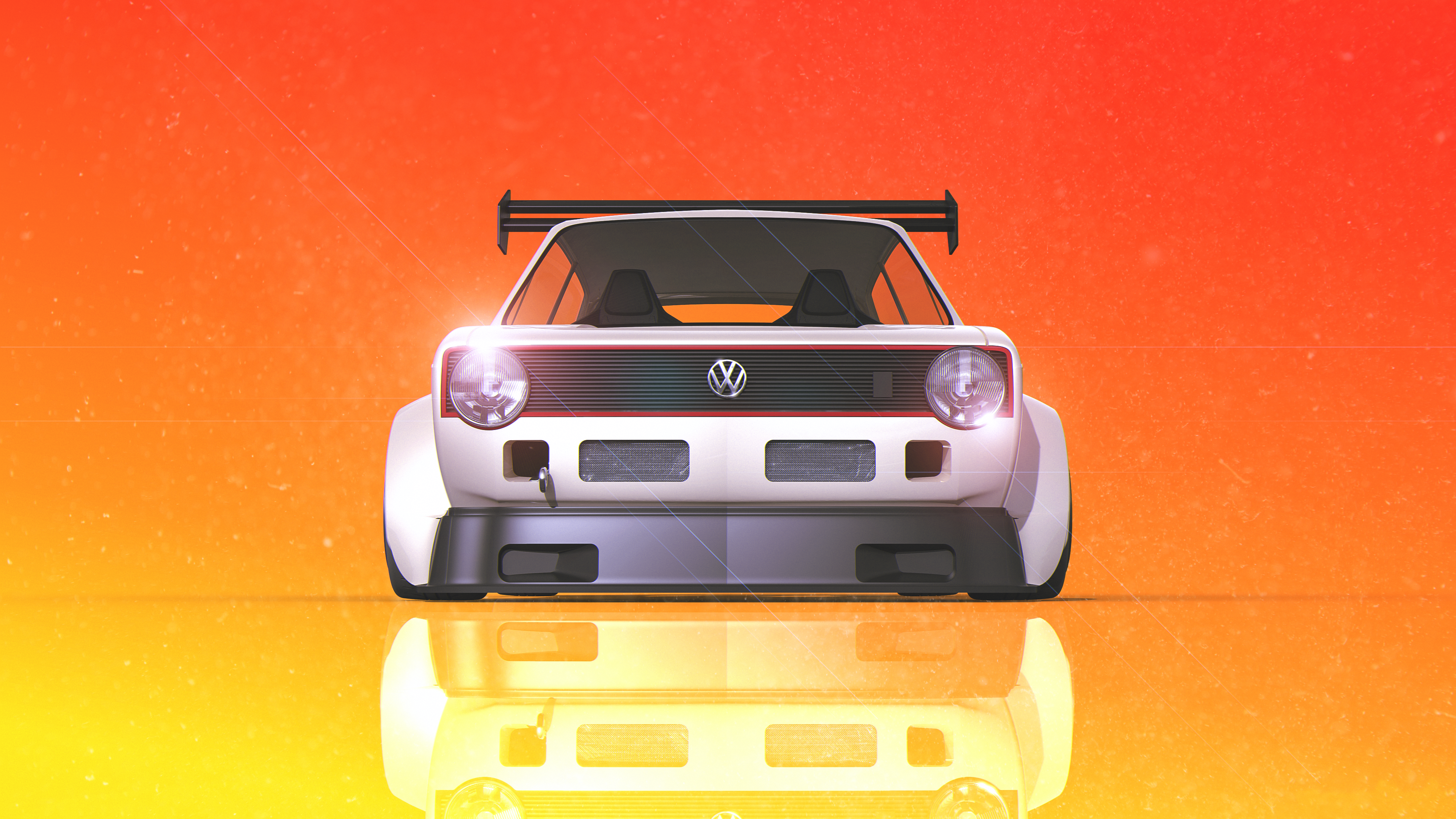 Wallpaper, car porn, Volkswagen Golf, Golf 1, Golf GTI, Volkswagen Golf GTI, racing, rally cars, white, gradient, lens flare, debris, yellow, orange 3840x2160