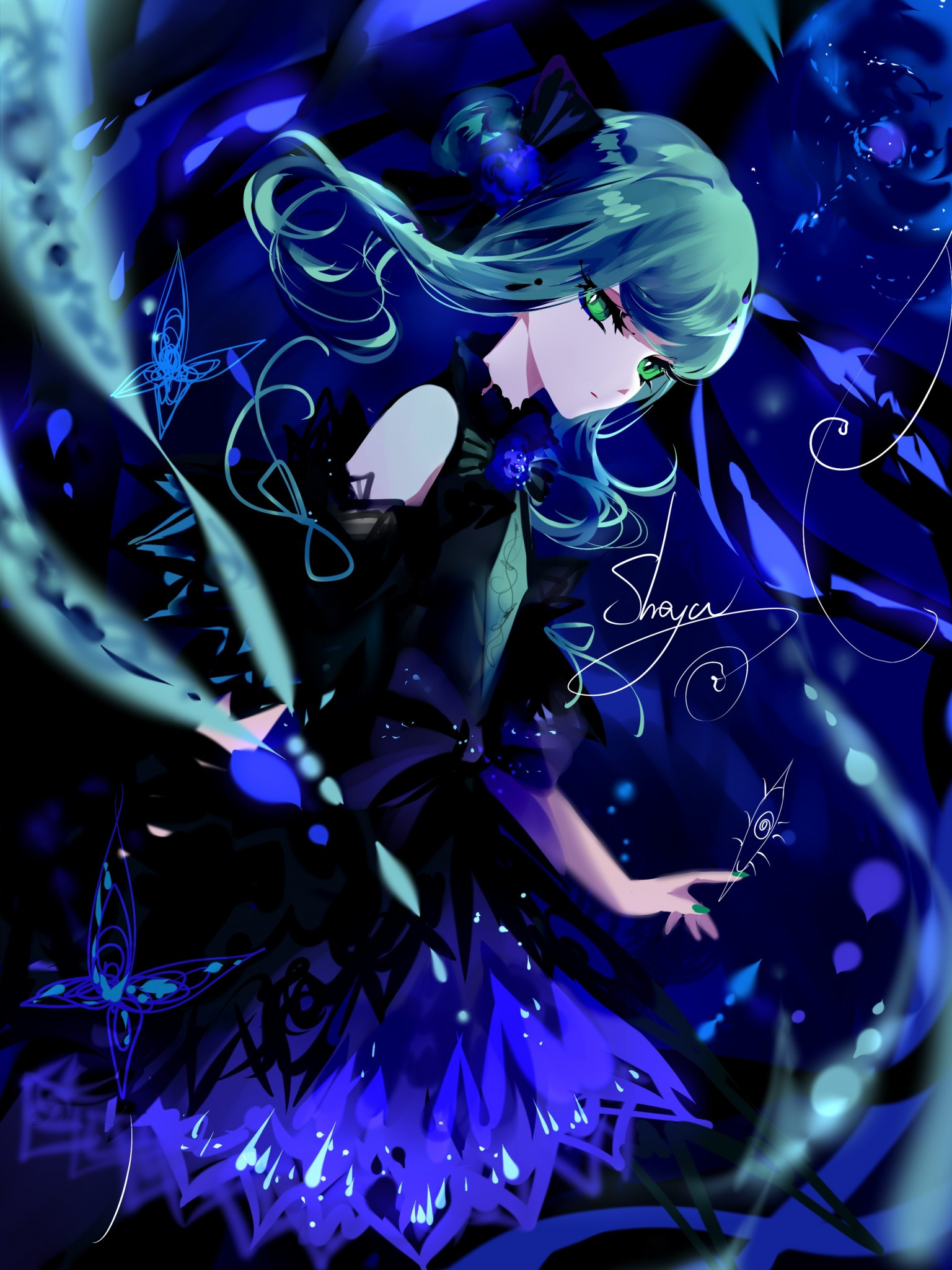 Download 1536x2048 Green Hair, Anime Girl, Dress, Sharp Eyes Wallpaper for Apple iPad Mini, Apple IPad 3, 4