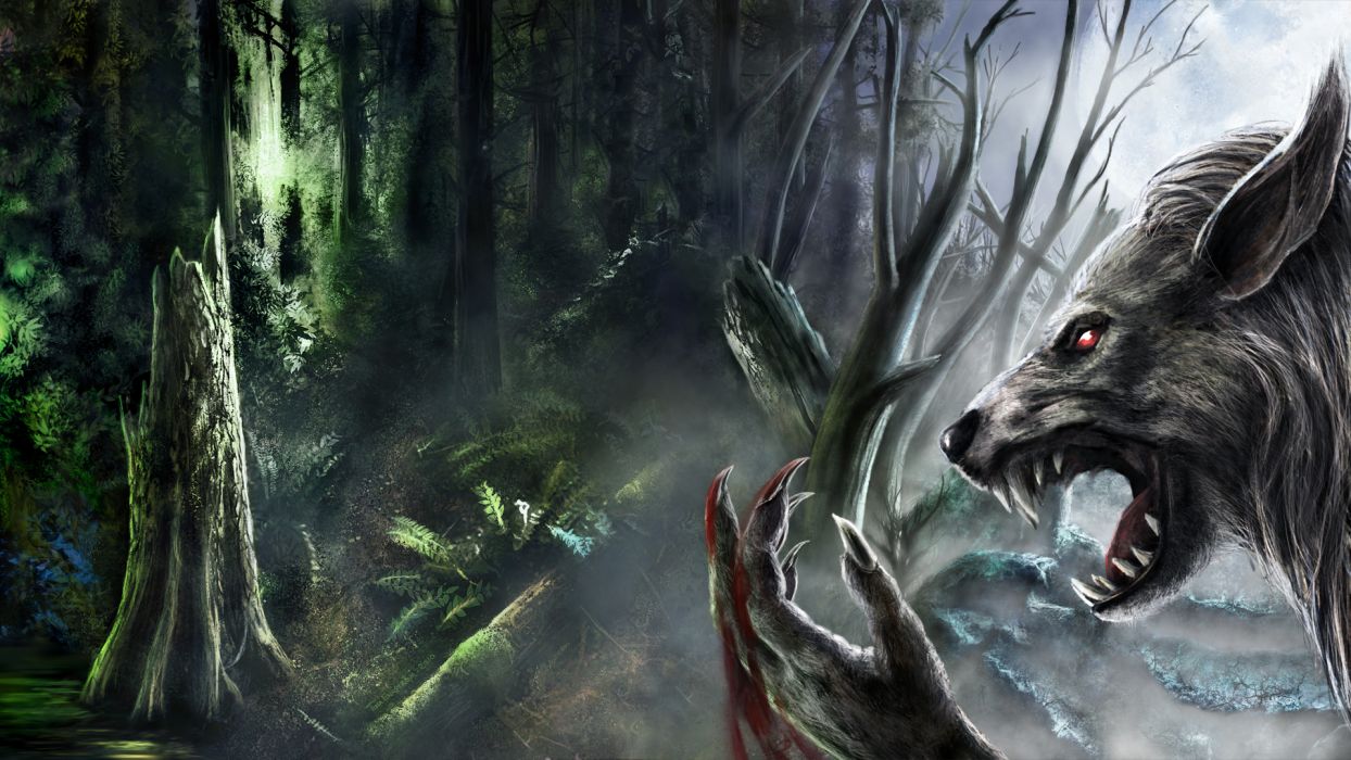 Werewolf fantasy art dark monster creatures blood fangs trees forest spooky creepy scary evil wallpaperx1080