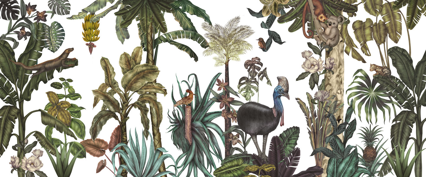 White & Green Fun Jungle Animal Wallpaper Mural