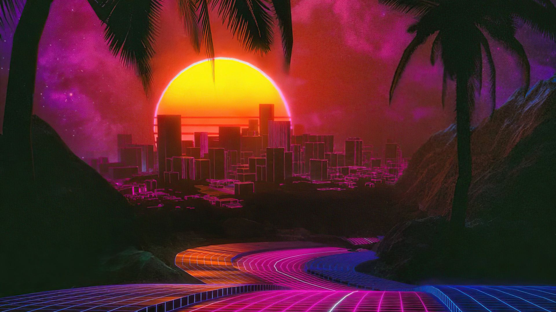 Desktop wallpaper outrun, road to city, night, digital art, HD image, picture, background, 9e15ec