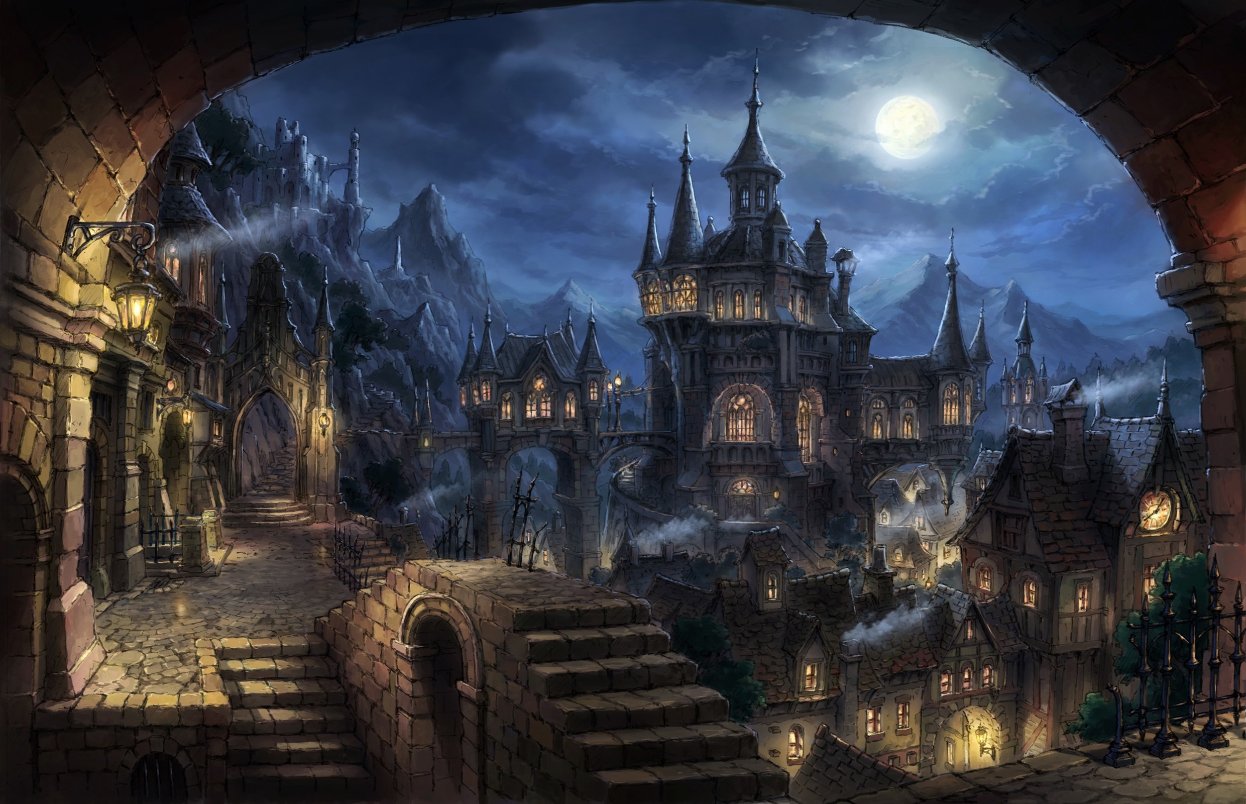 mountains, city, cityscape, night, anime, sky, stones, clouds, Moon, evening, castle, summer, Gothic, cathedral, haze, darkness, screenshot, computer wallpaper Gallery HD Wallpaper
