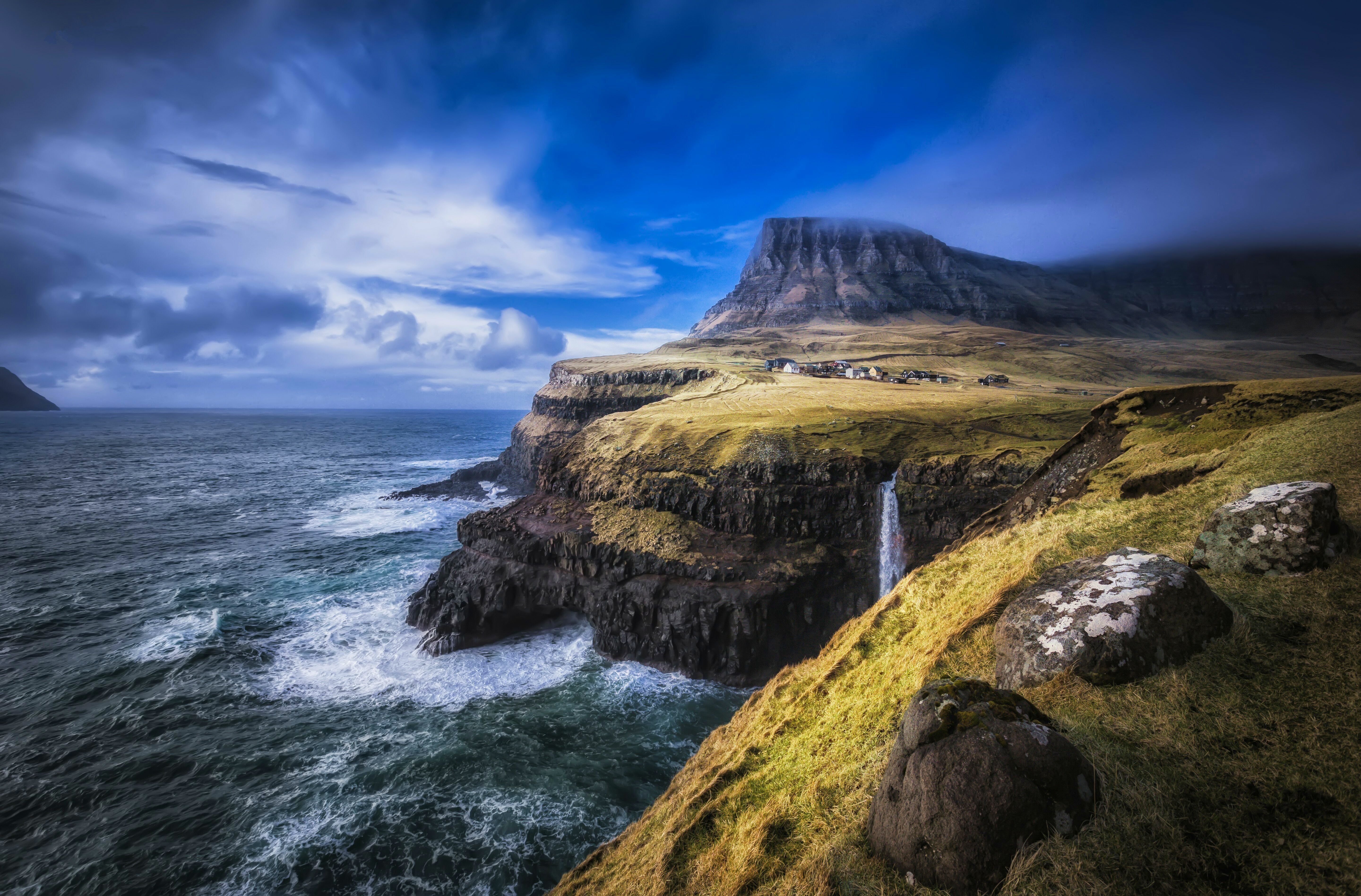 Faroe Islands North Atlantic landscape waterfall ocean sea cliff coast wallpaperx3794