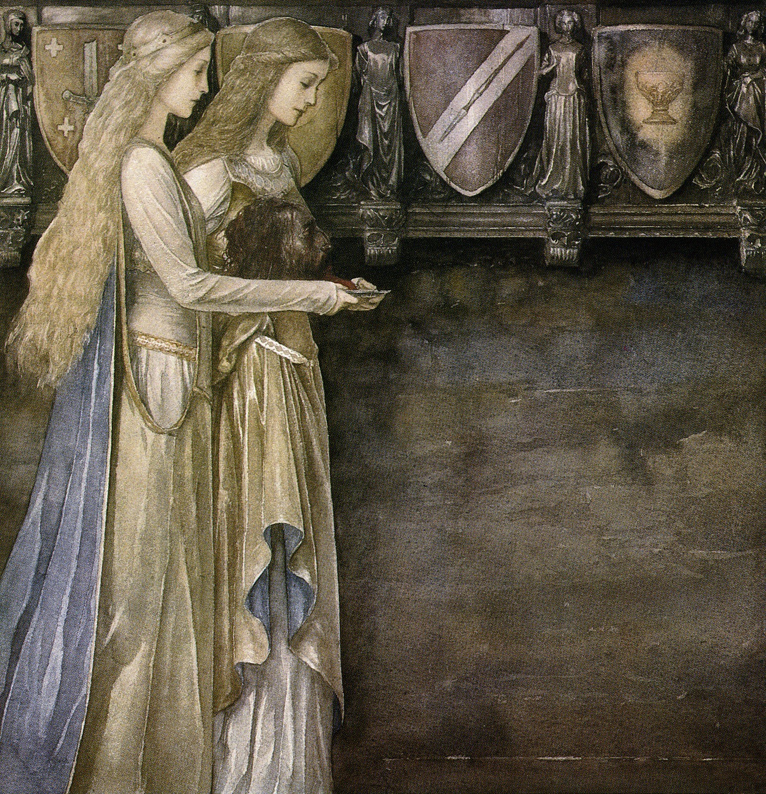 Wallpaper, painting, long hair, sculpture, shield, medieval, Alan Lee, The Mabinogion, ART, ancient history, middle ages 1545x1600