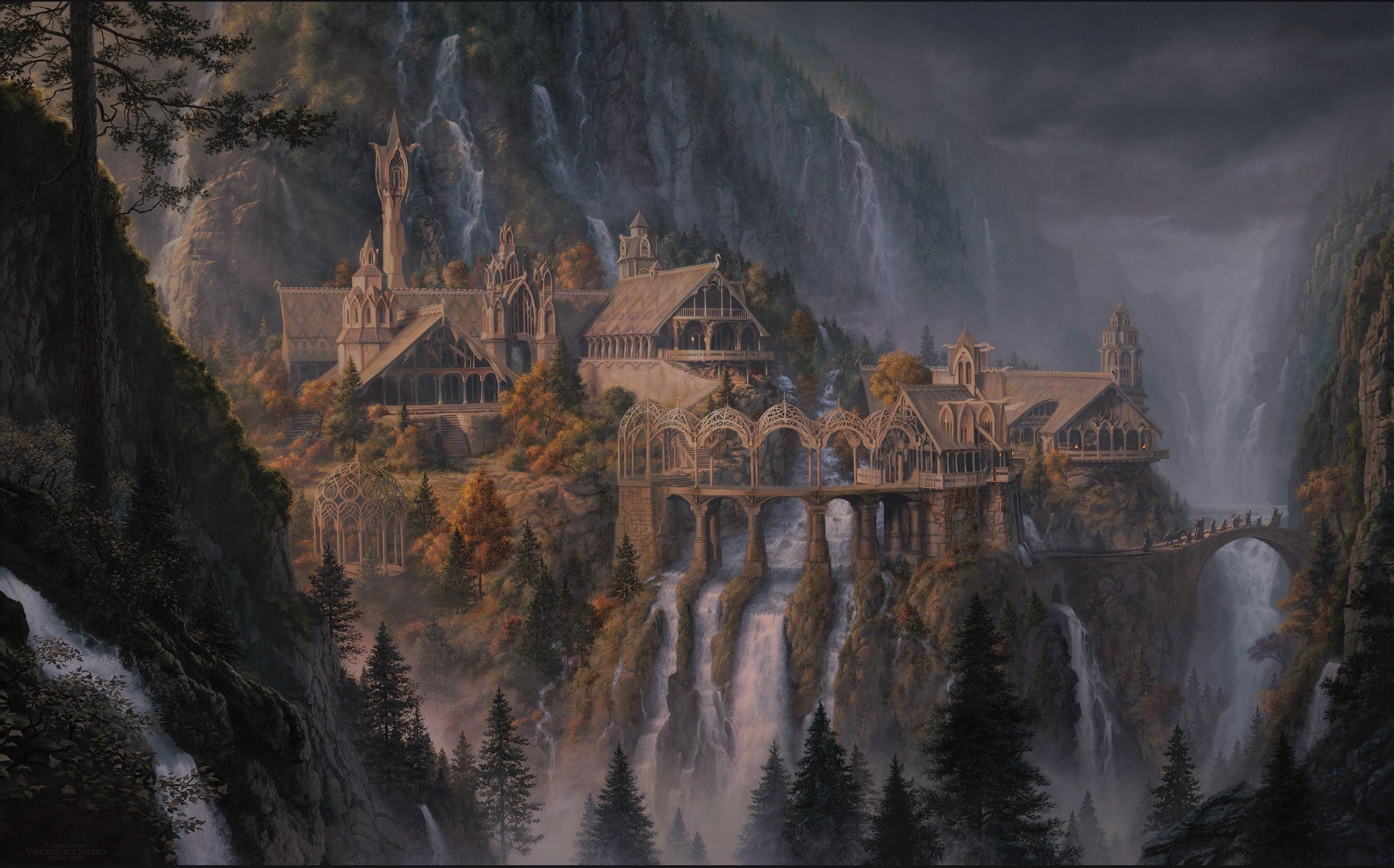 The house of Elrond in Rivandell by Alan Lee (1920 x 1080)