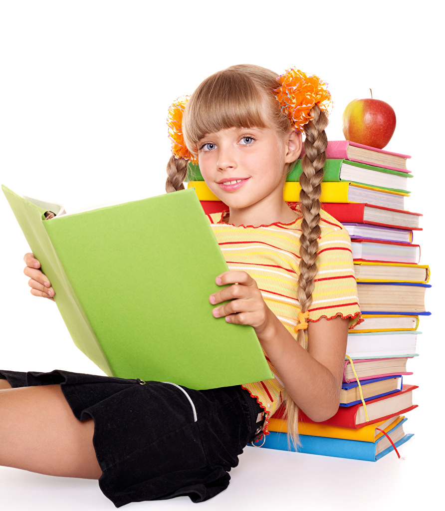 Desktop Wallpaper Little girls School Children Apples sit Book