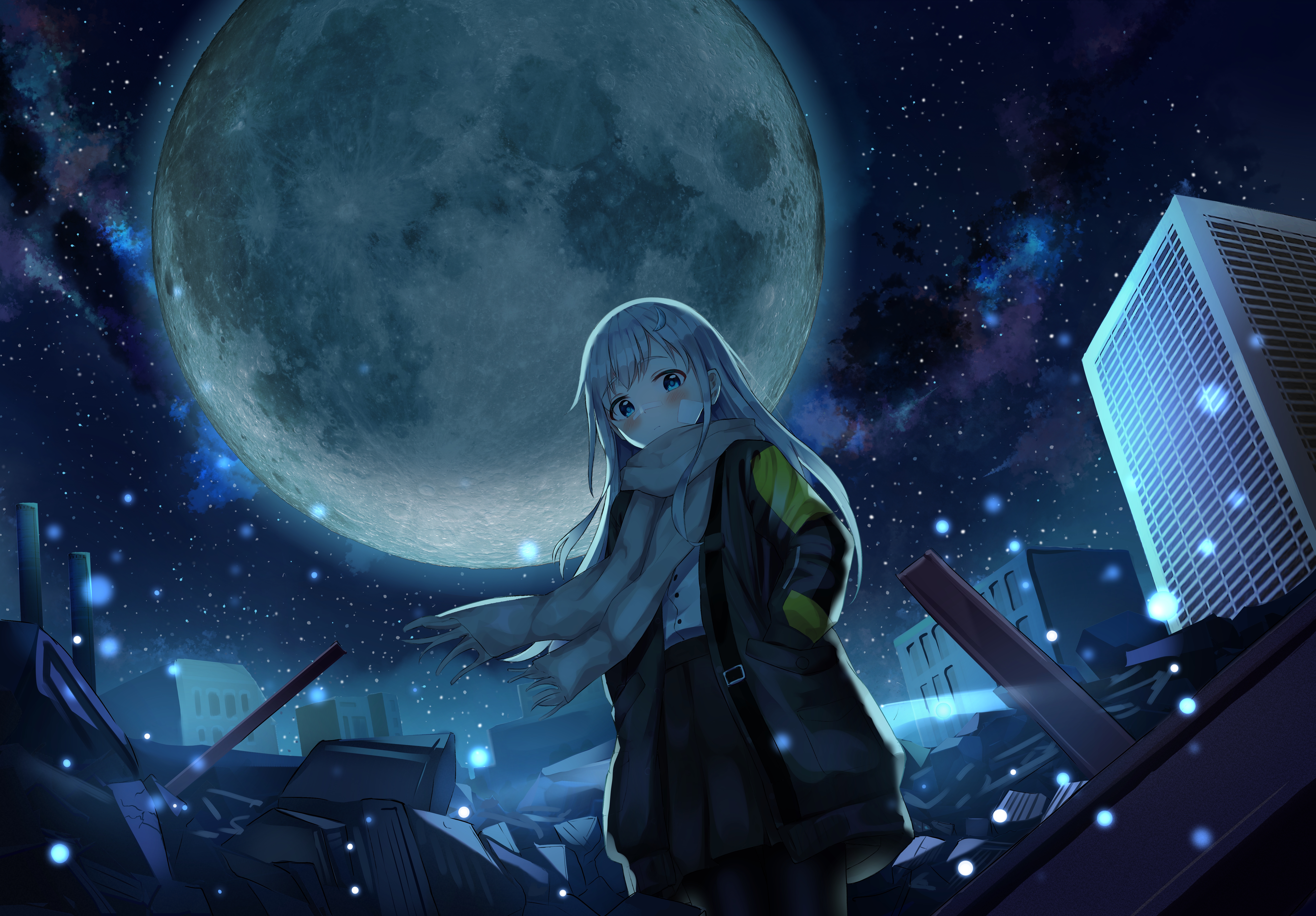 Download 6710x4671 Anime Night, Giant Moon, Starry Sky, Anime Girl, Winter Wallpaper