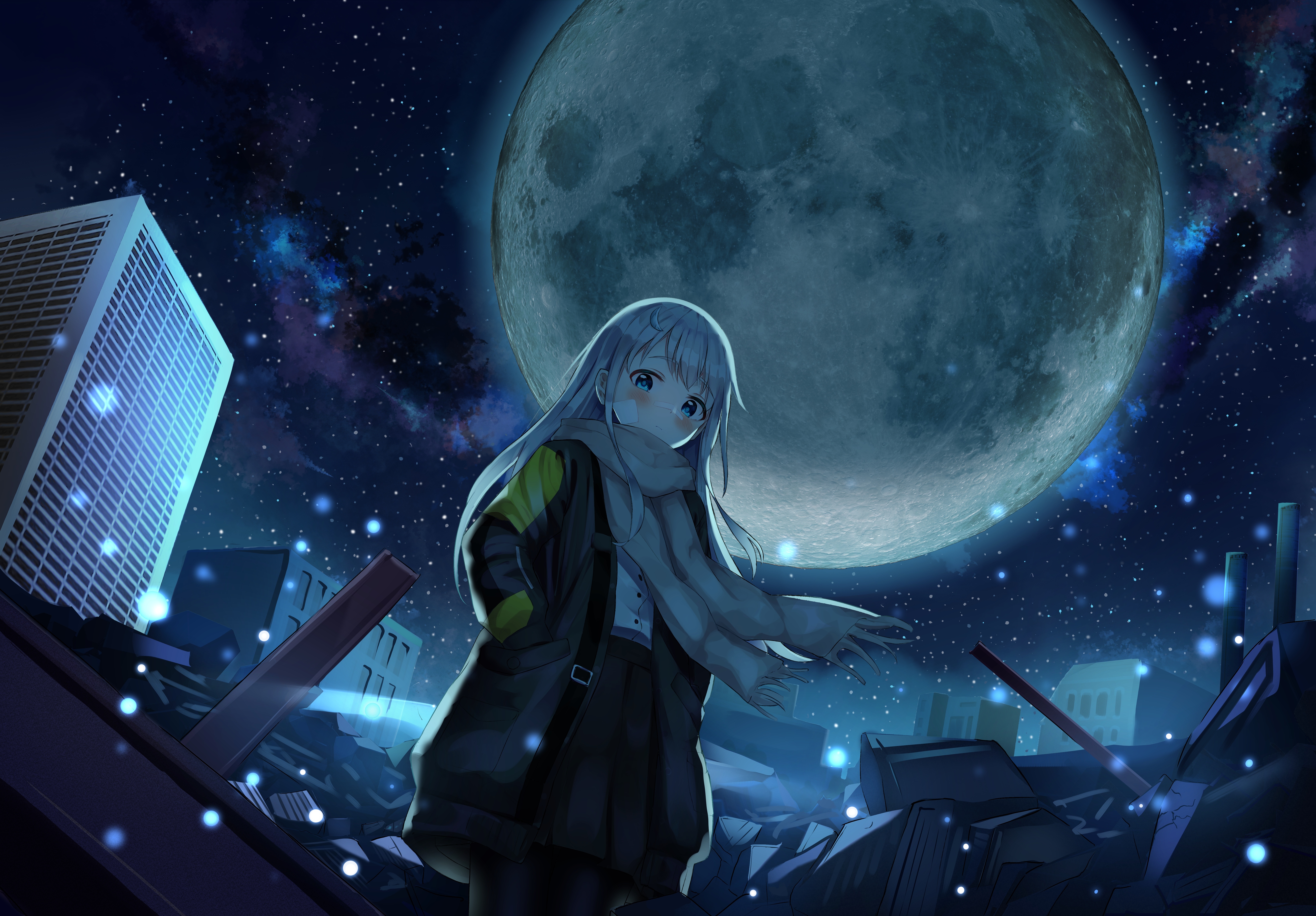 Wallpaper Anime Girl, Anime Night, Winter, Starry Sky, Giant Moon:6710x4671