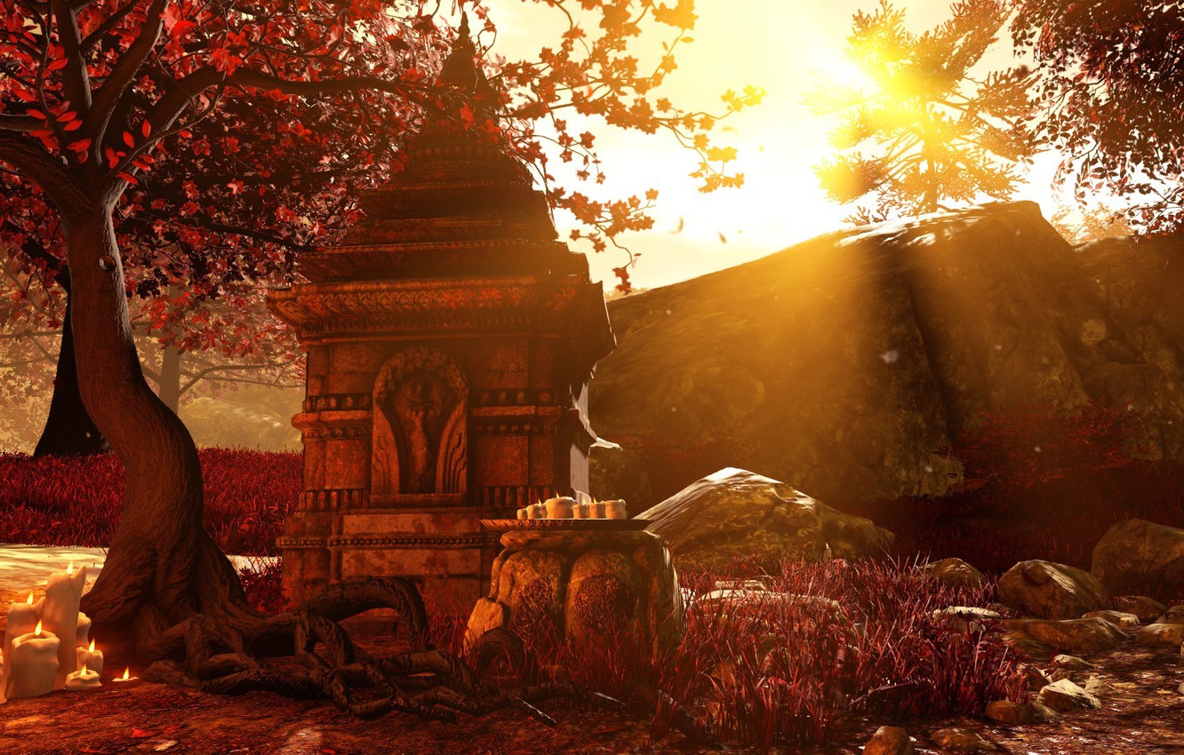 Wallpaper The sun, Red, Autumn, Rays, Falling leaves, Far cry 4, Shangri La, Relic, Relic, Prayers image for desktop, section игры
