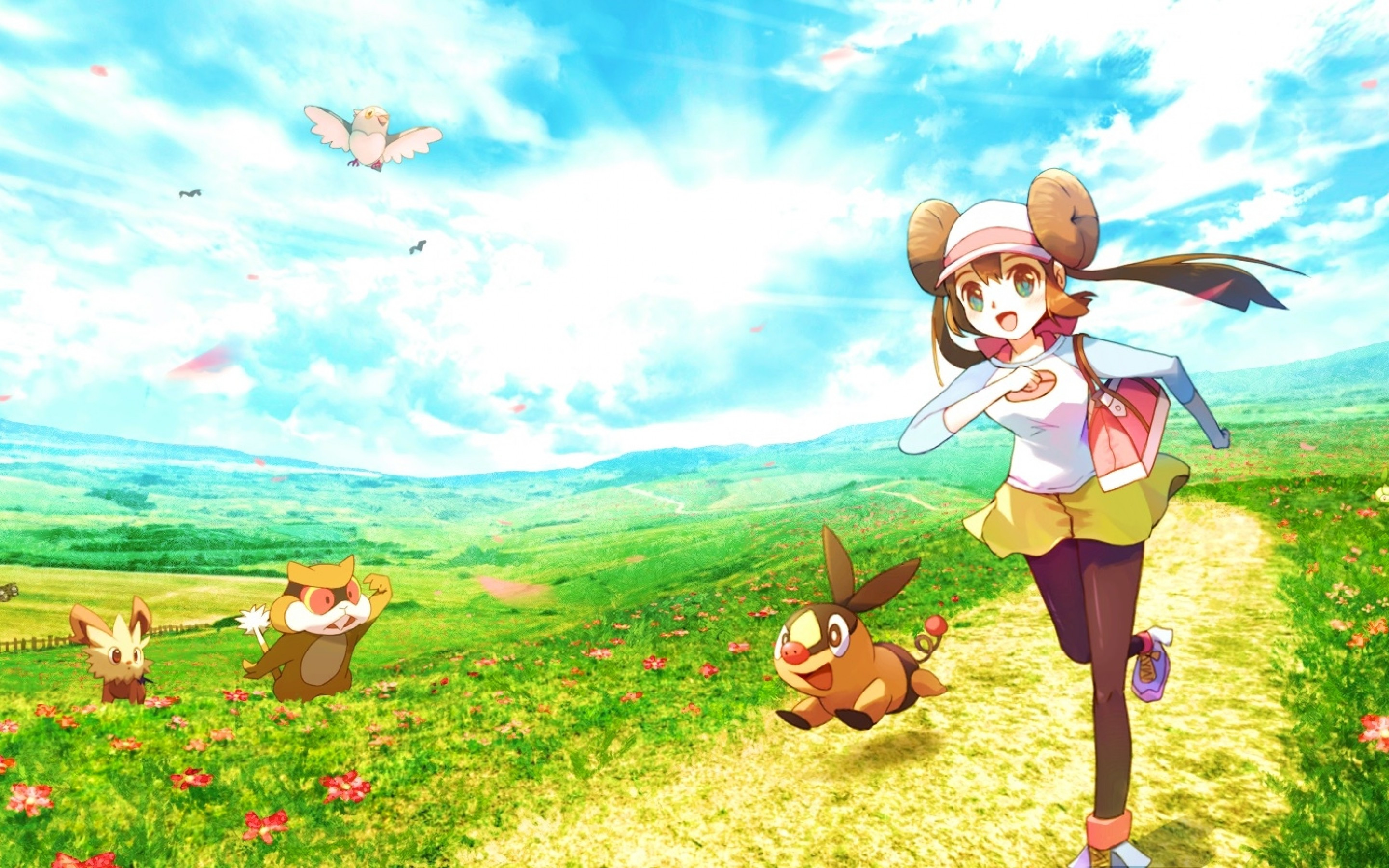 Download 2880x1800 Pokemon, Mei, Pidove, Lillipup, Minccino, Running, Anime Landscape, Scenic, Clouds Wallpaper for MacBook Pro 15 inch