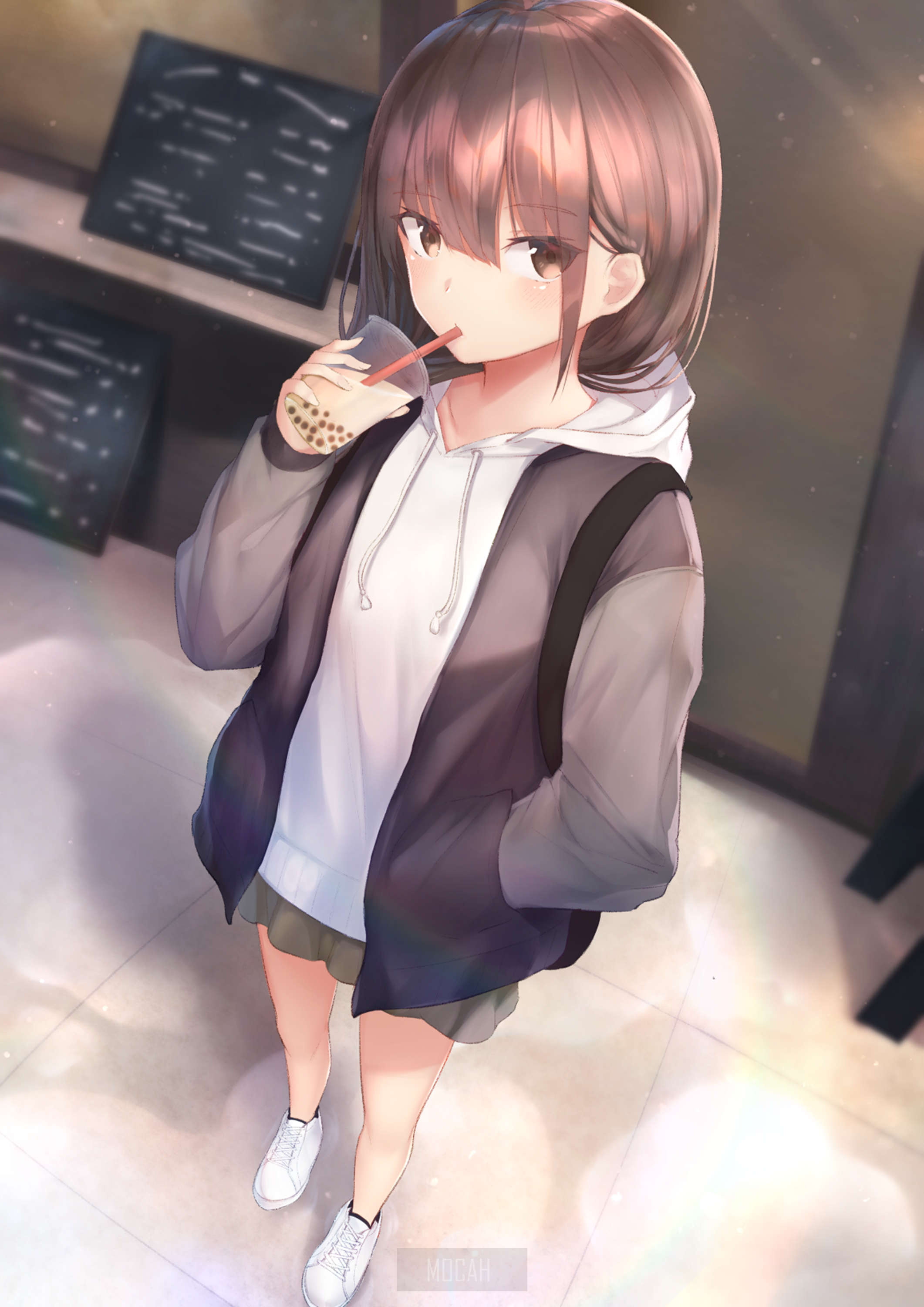 anime, anime girl, short hair, restaurant, brunette, brown eyes, food, sweater, jacket, skirt wallpaper hd, 2122x3000 HD Wallpaper