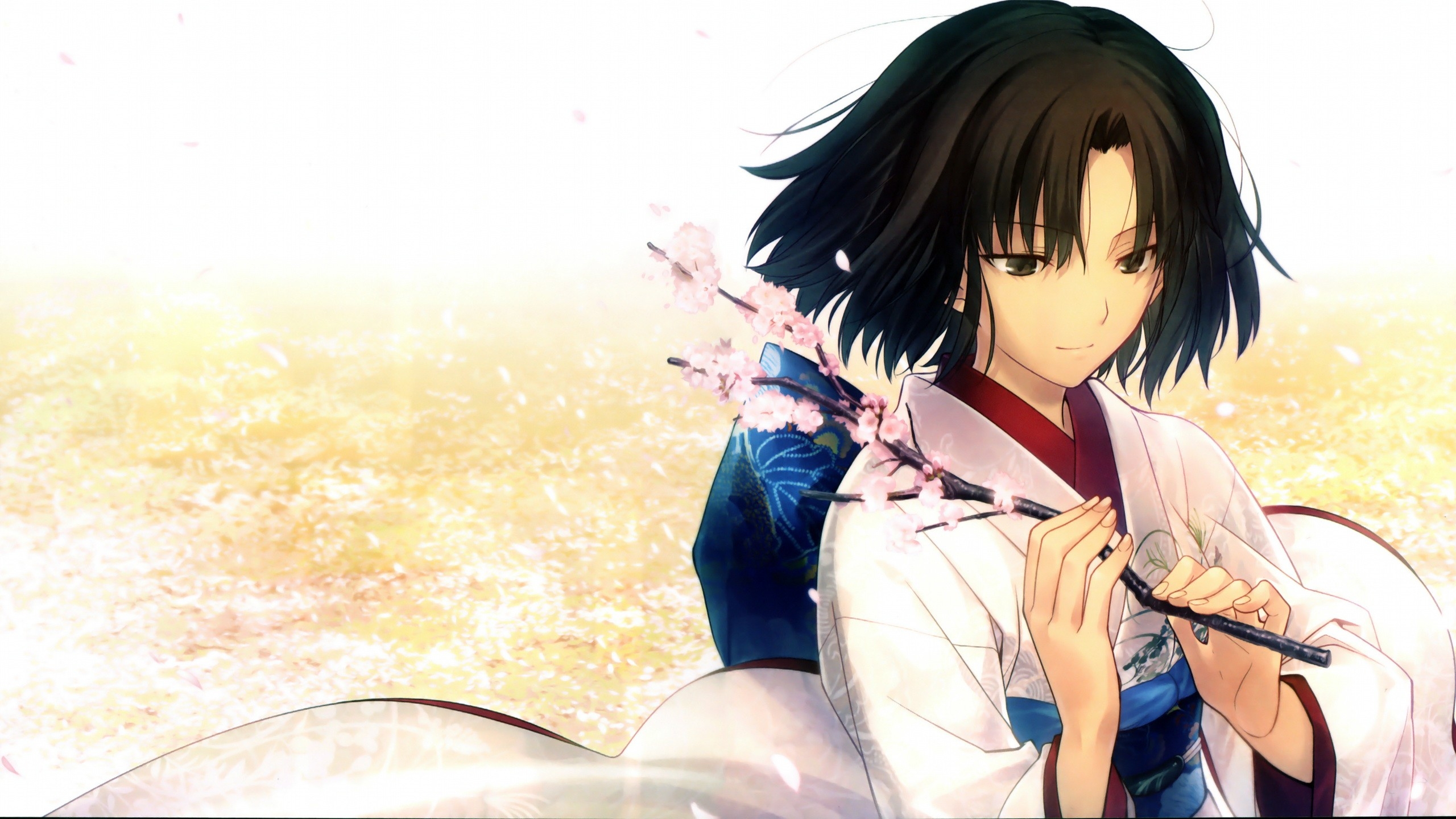 brunettes kara no kyoukai cherry blossoms brown eyes kimono blossoms short hair ryougi shiki takeuch