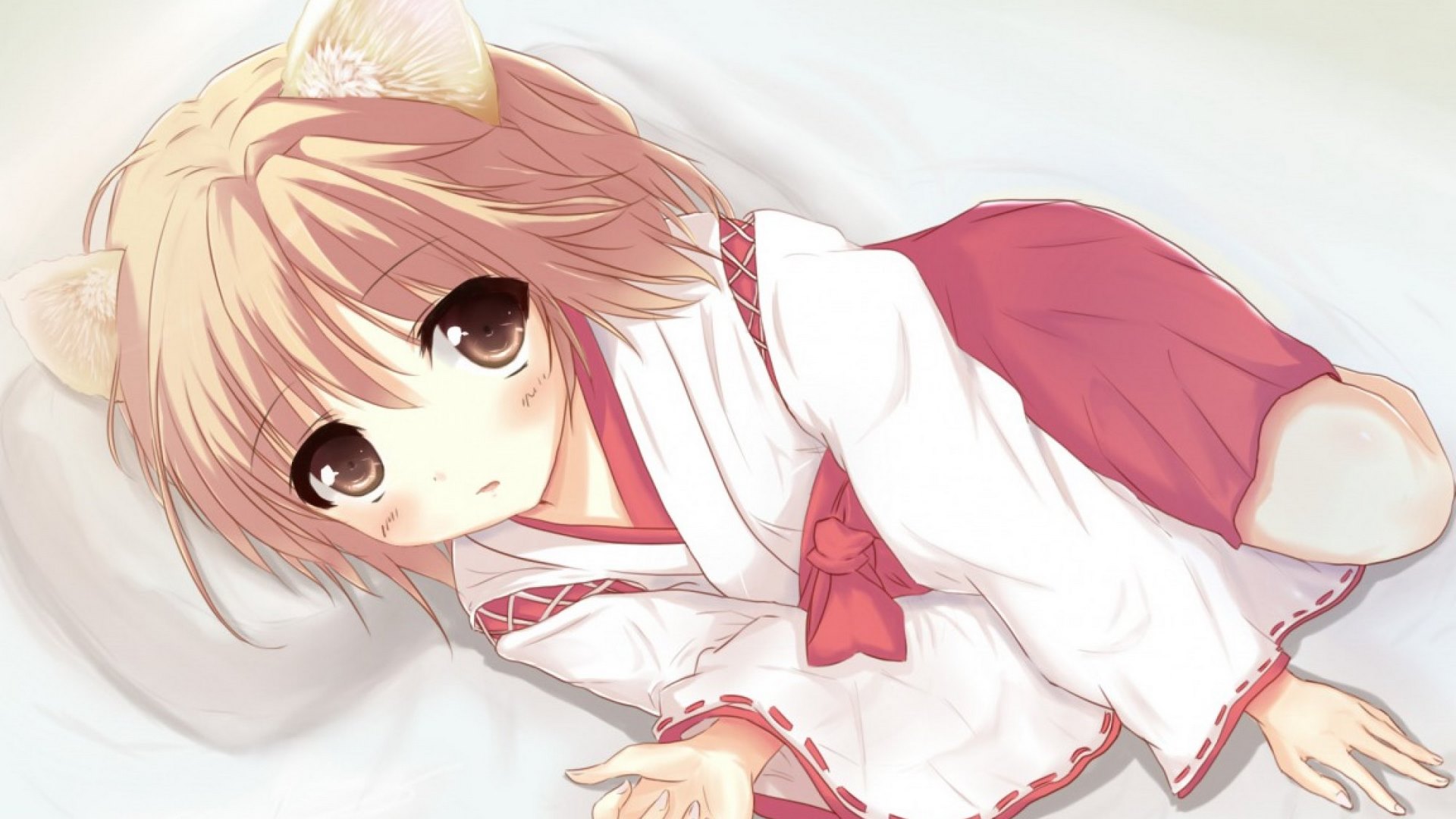 Wallpaper / red, dress, hd, brown, neko, background, blush, short, bed, hair, wallpaper, anime, hot, light, pillow, kitty, ears, black, blonde, , cat, cute, dark, eyes, kitten, white
