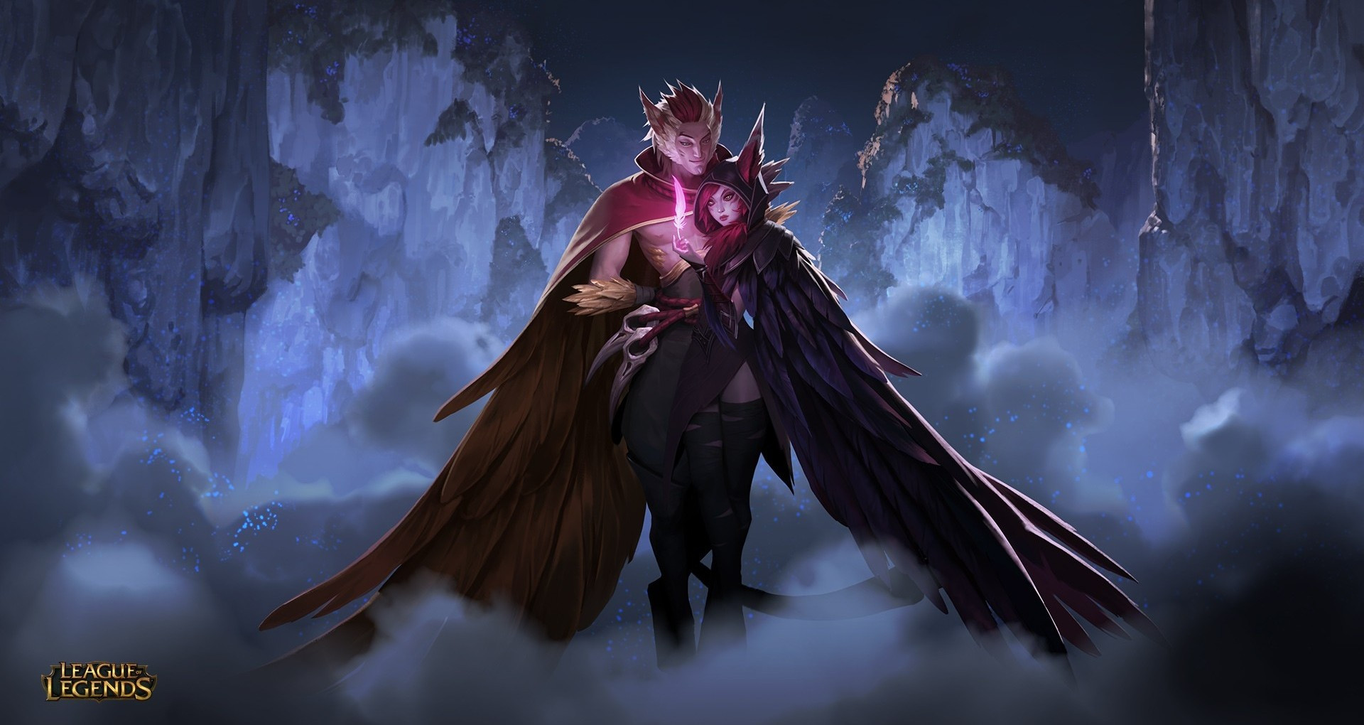 Download 1920x1020 League Of Legends, Rakan, Xayah, Feathers, Wings Wallpaper