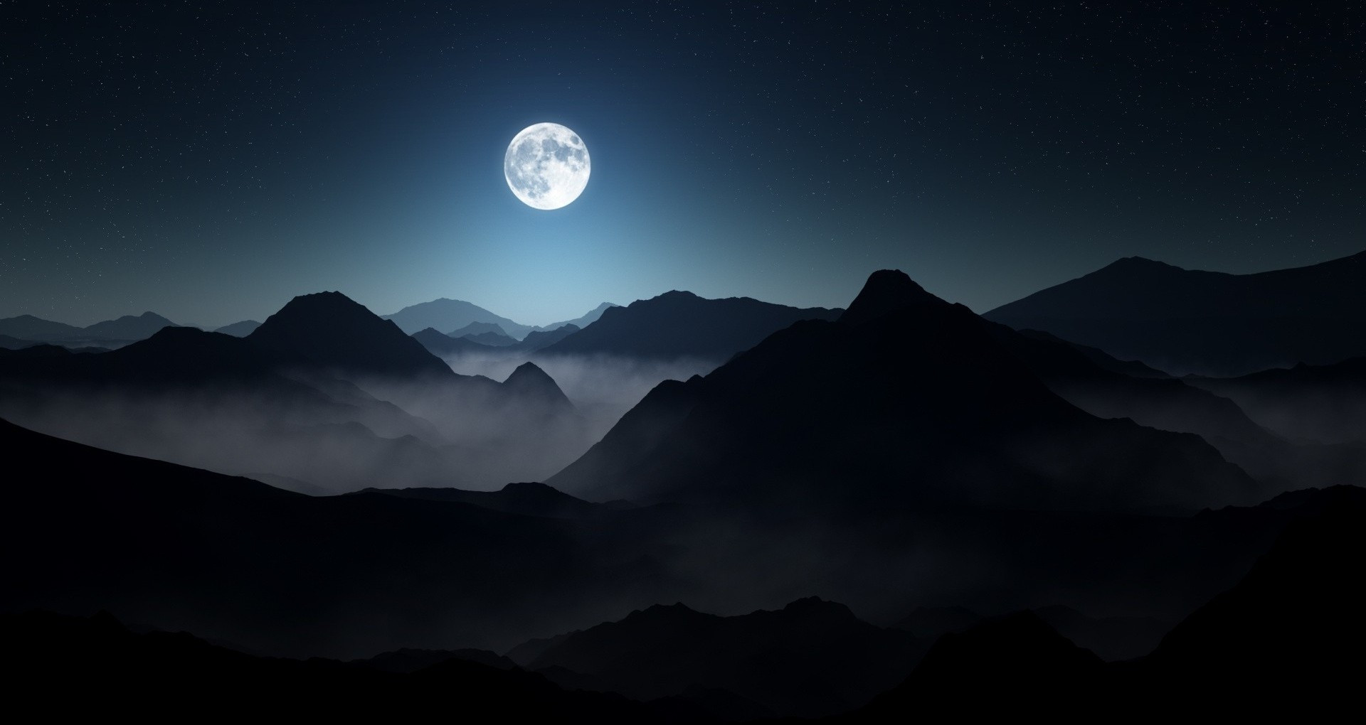Download 1920x1020 Moon, Night, Mountains, Mist, Stars Wallpaper