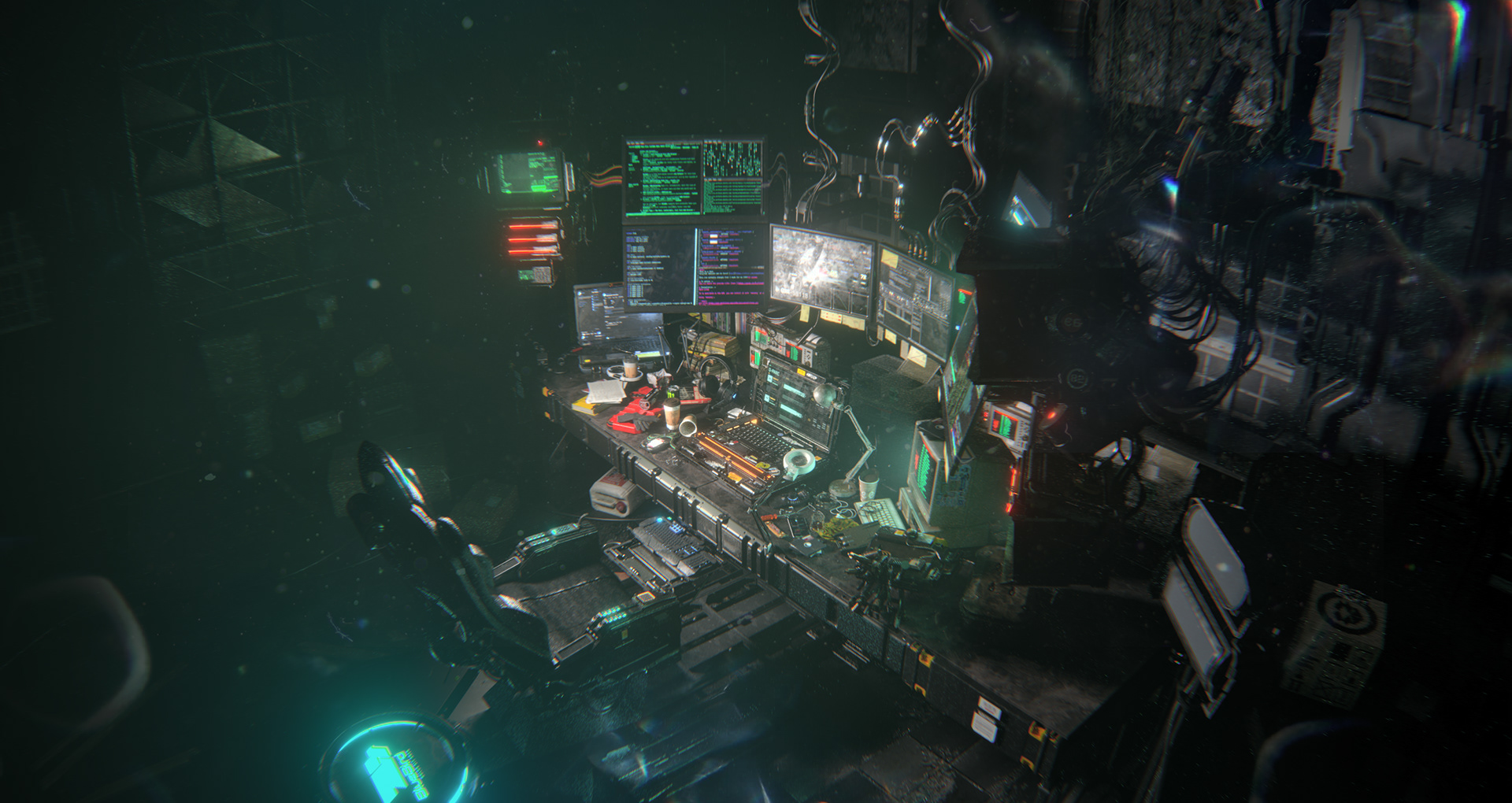 Wallpaper, cyberpunk, desk, 3D graphics, chair 1920x1020