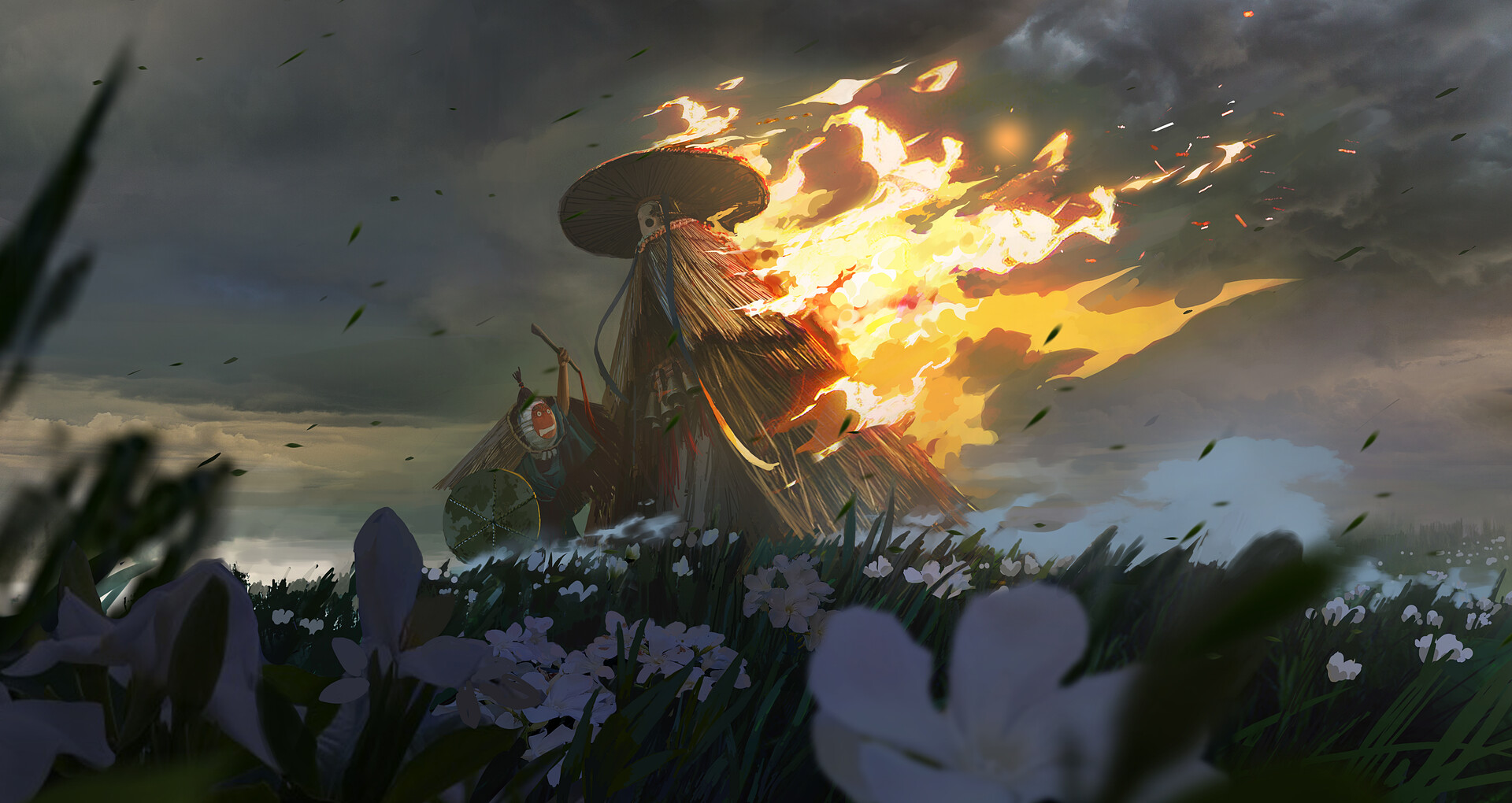 Wallpaper, fantasy art, fire, straw hat, eastern, Flowers Field, mask, shield, clouds, wind 1920x1020