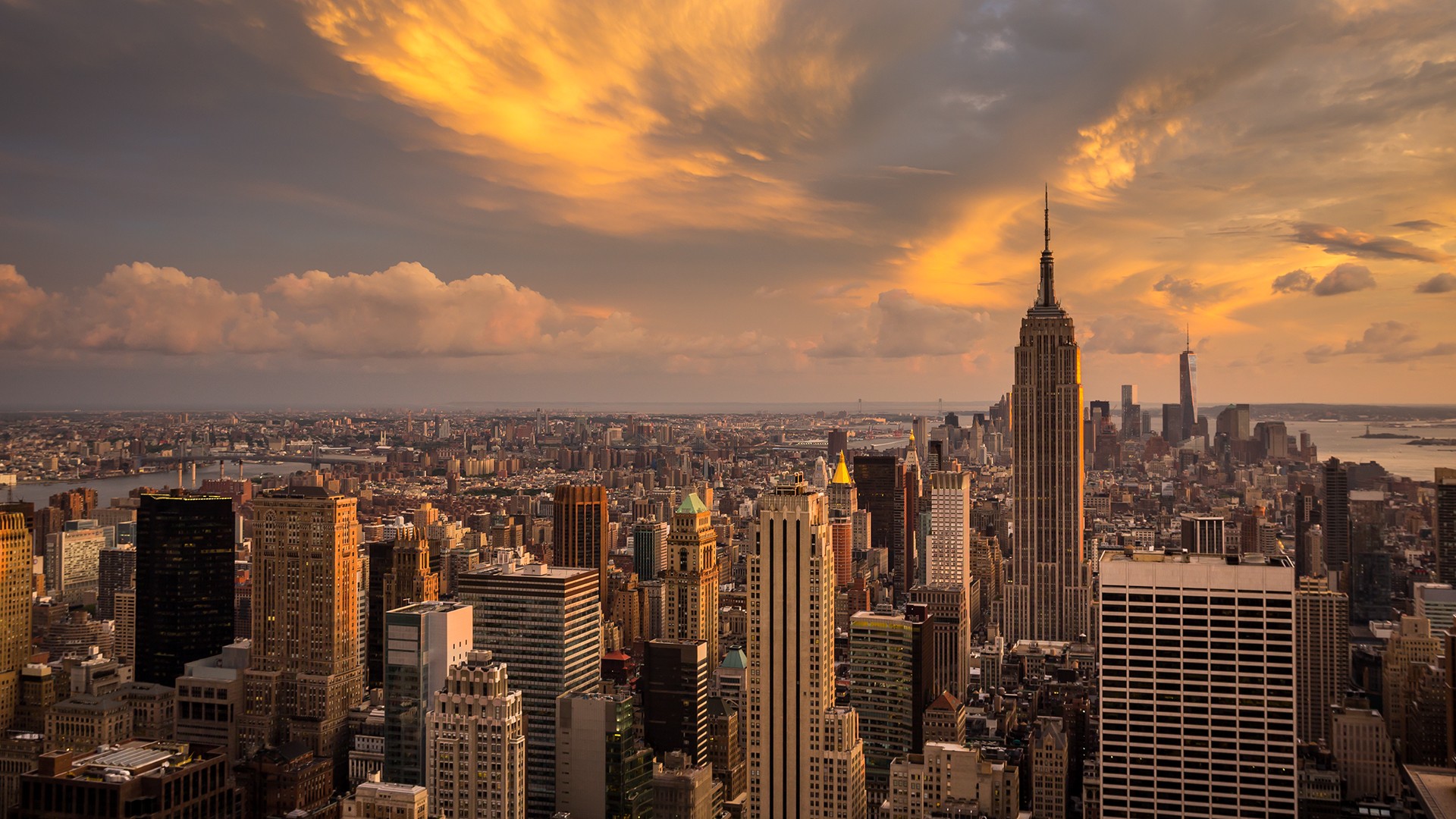 cityscape sunset empire state building new york city sky HD wallpaper, Background
