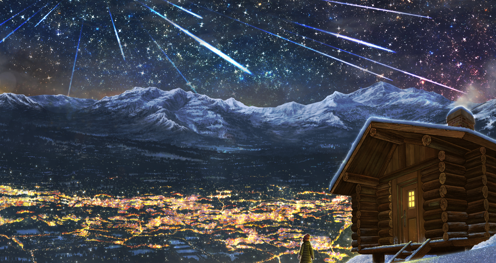 Download 1920x1020 Anime Cityscape, Landscape, Stars, Night, Scenic Wallpaper