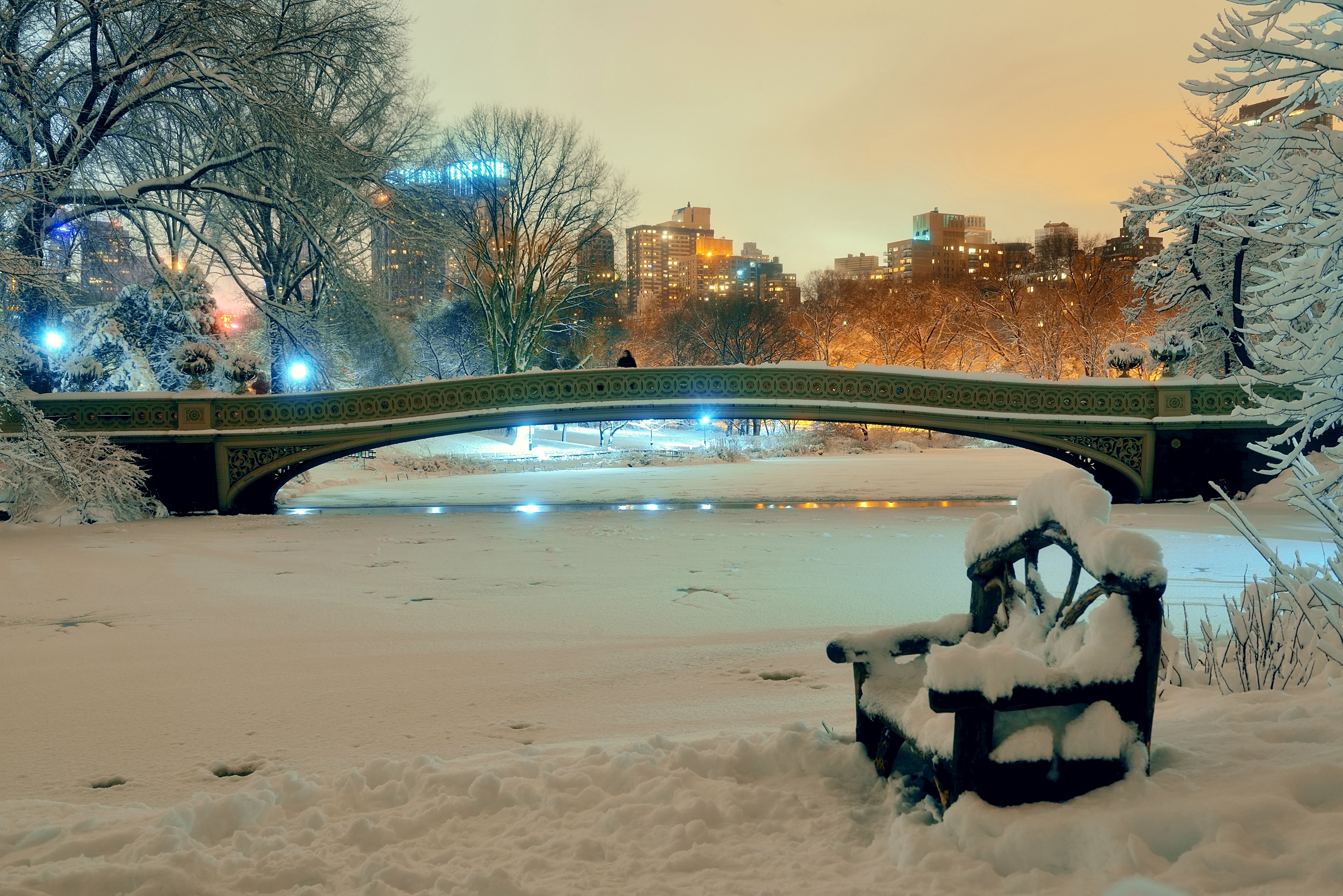 USA Parks Winter Bridges New York City Bench Night Snow Nature wallpaperx3470