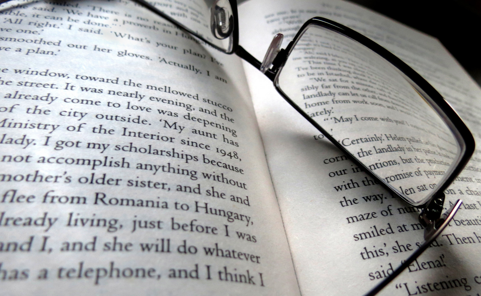 Wallpaper, glasses, text, macro, reading, Canon, paper, literature, writing, pages, novel, depthoffield, dof, book, powershot, english, print, codex, vision care, font, close up, eyewear, read, spectacles, sx40 3721x2297 - Wallpaper